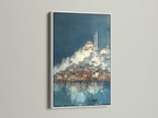 Istanbul Cityscape artwork with a white frame. This mosque architecture artwork brings historic city art into your home. A perfect piece of Mediterranean art enhancing the blue wall art. It is a serene addition to your living space.