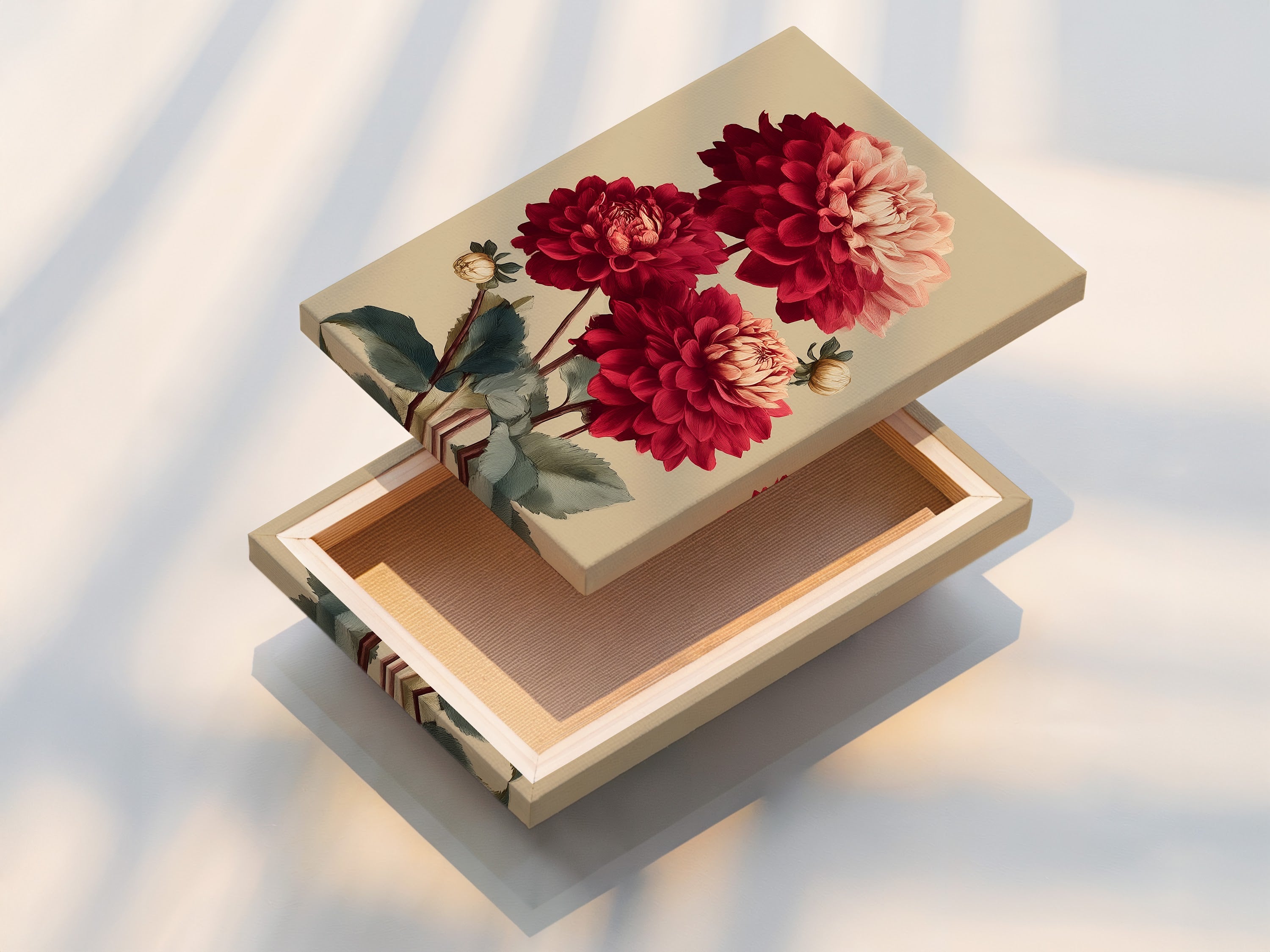 This is a stretched canvas print of the Dahlia Botanical Print. The red flower artwork is ready to hang. This floral canvas art will enhance any wall. Perfect for adding color to your space.