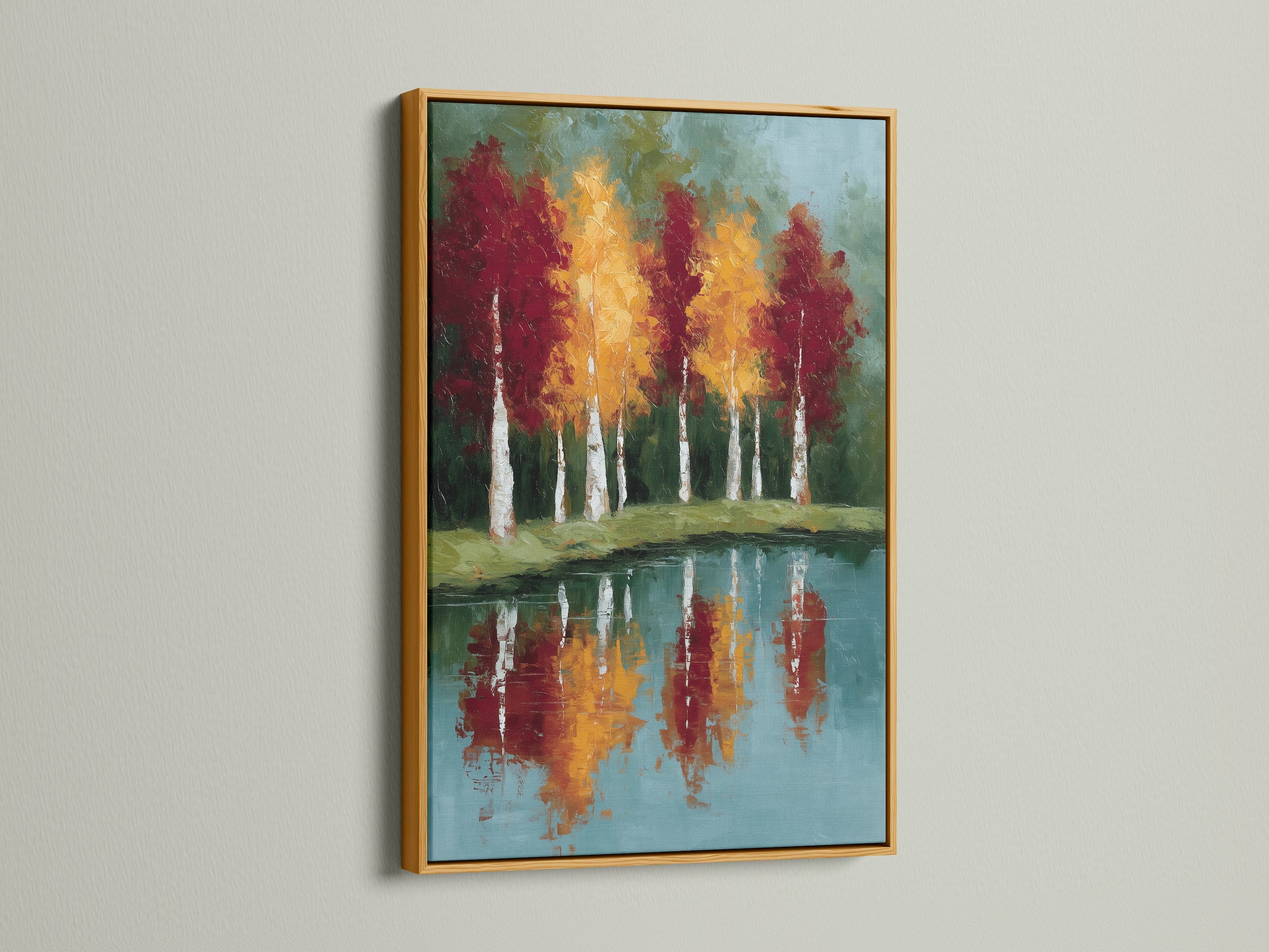 Add a touch of luxury with framed autumn trees artwork with a gold frame. Reflected landscape wall art includes a teal blue lake painting. The gold frame brings warmth to your space. Ideal for living rooms bedrooms offices and studios.
