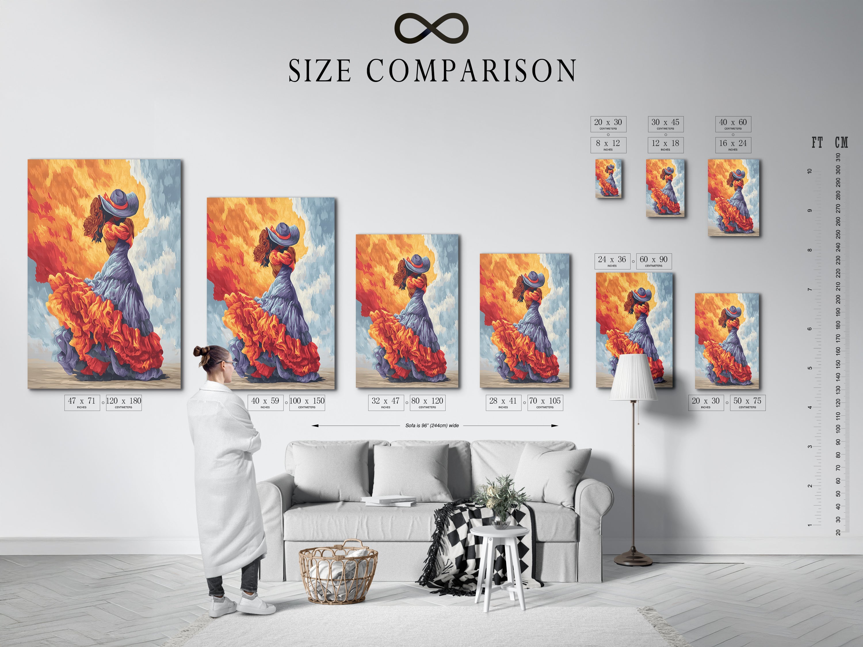 Size comparison chart in an interior setting. Visualize how different sizes of artwork fit in your space. Choose the perfect size for your flamenco dancer print. Plan your wall art arrangement with ease.
