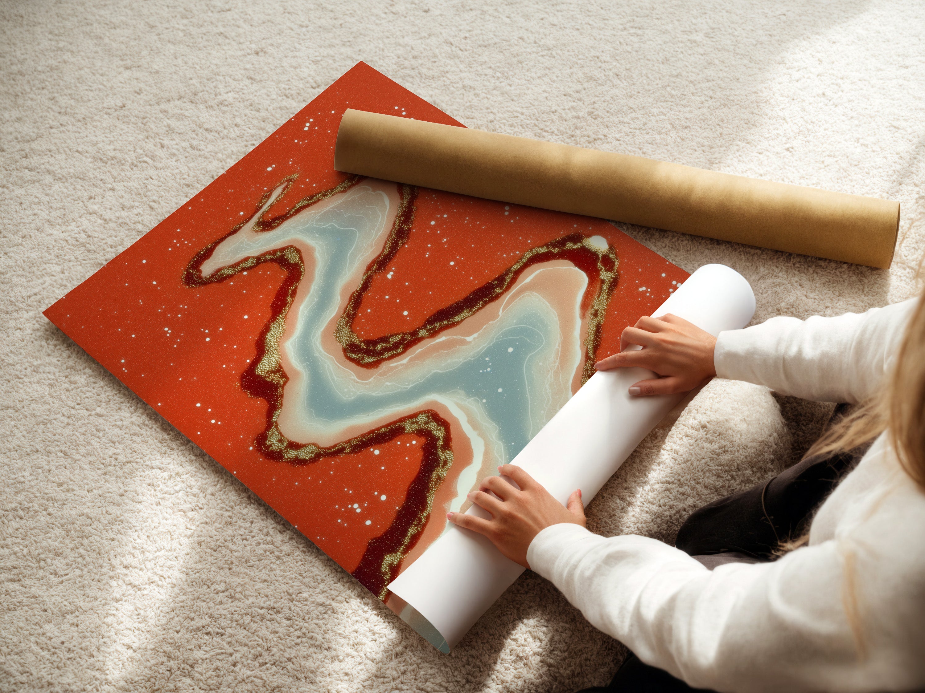 A woman carefully rolls a fine art poster paper print. The abstract river artwork is ready for display. The coral orange and teal colors are vibrant. This flowing water print is perfect for modern decor. Get ready to enhance your walls with this beautiful piece.
