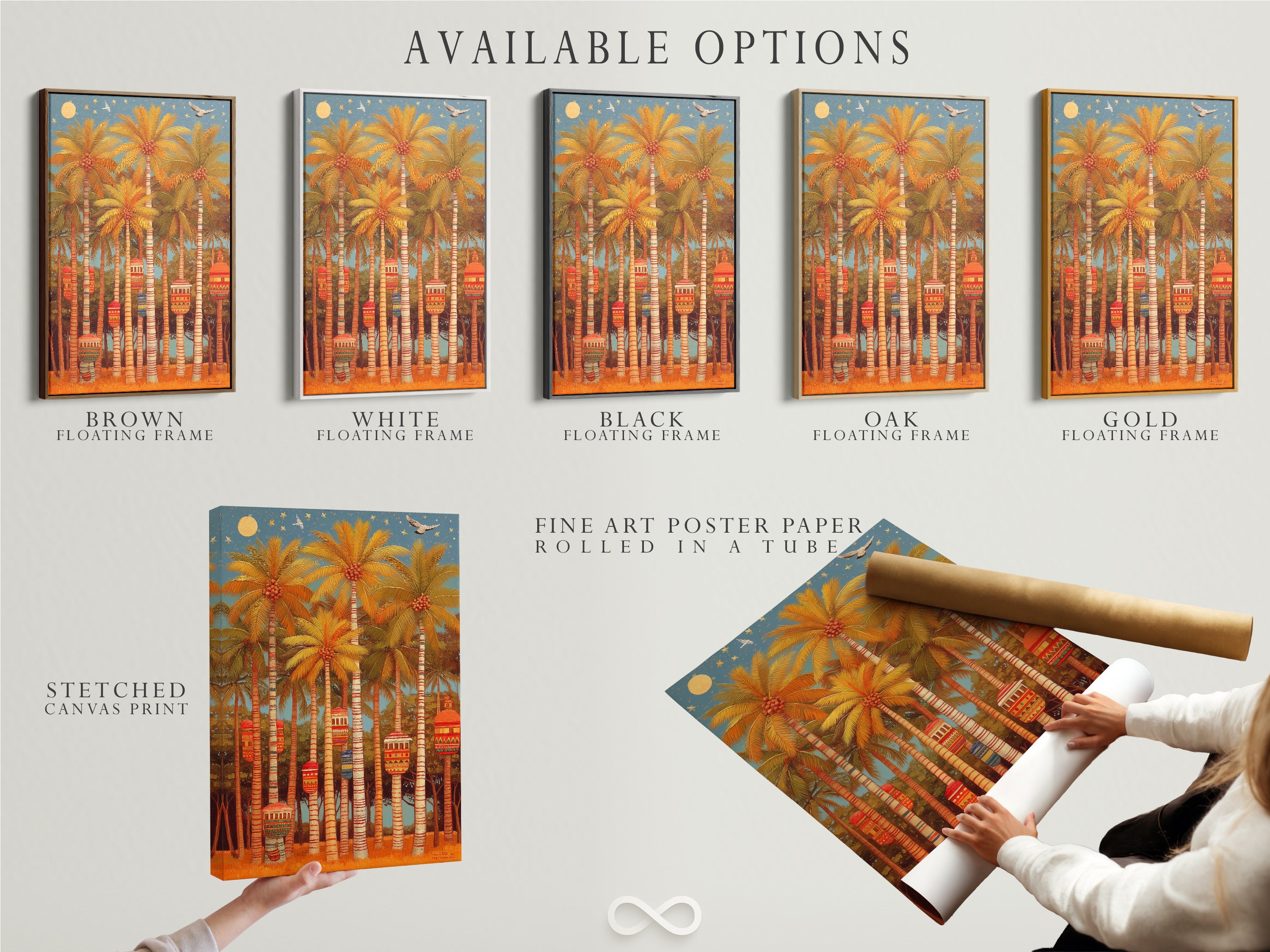 Available options for the Palm Trees artwork. Choose from a stretched canvas print fine art poster paper or a floating frame. Customize your tropical wall art today. Add beach house art.