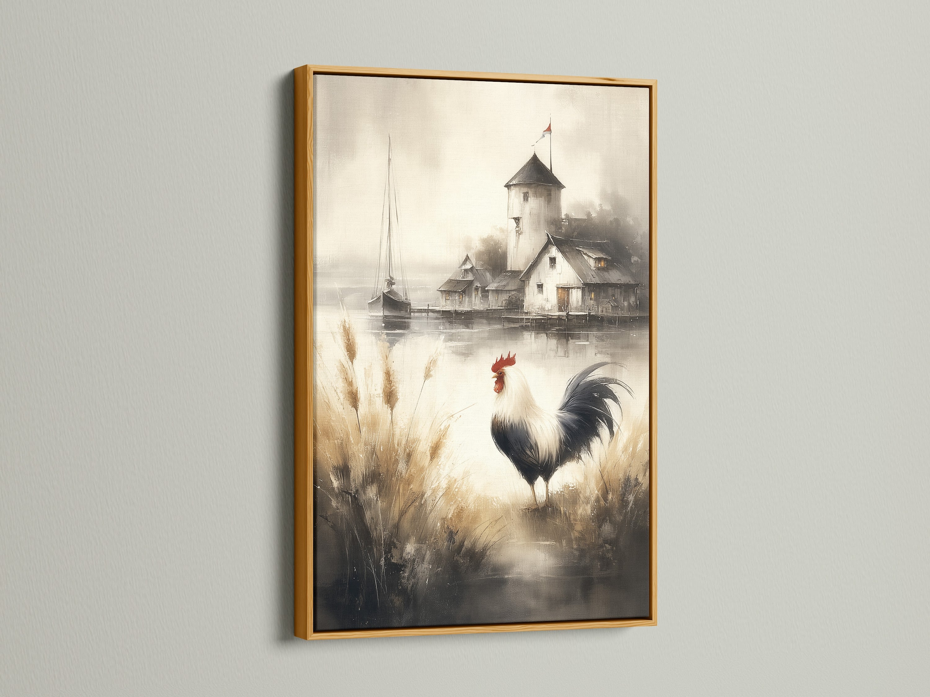Rooster artwork is elegantly displayed in a gold frame. The artwork adds a touch of luxury. This farmhouse decor is perfect for any home. The rustic canvas print is a vintage watercolor painting. Ideal for kitchen wall decor.
