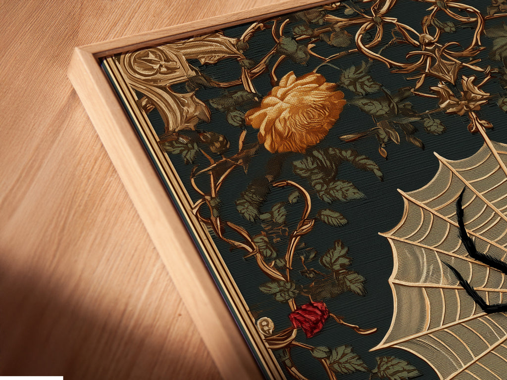 A close-up of a canvas print in a floating frame. The artwork shows intricate details of a spider and roses. The floating frame gives a modern look. It makes the art stand out. A stylish choice for contemporary interiors.