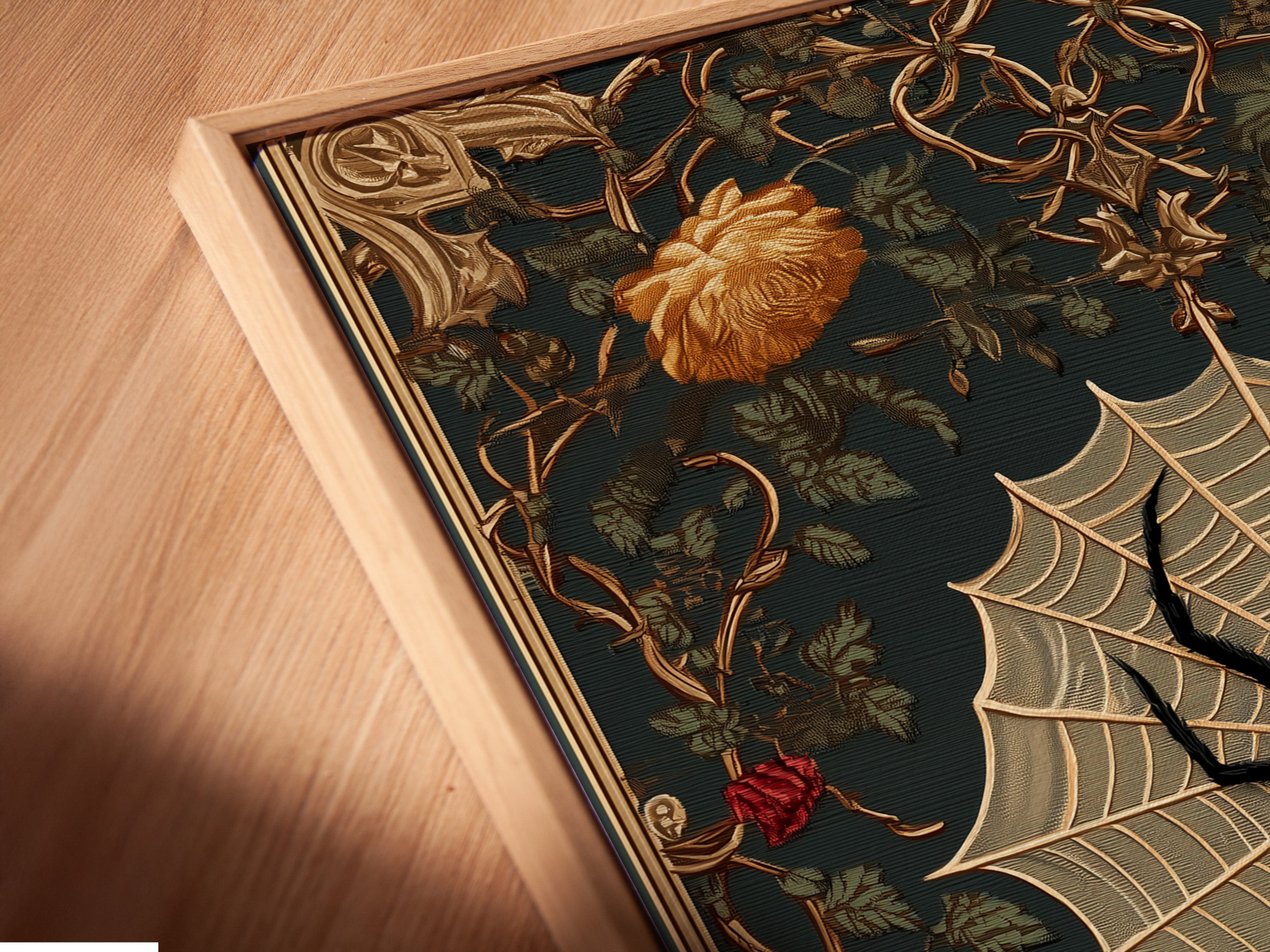 A close-up of a canvas print in a floating frame. The artwork shows intricate details of a spider and roses. The floating frame gives a modern look. It makes the art stand out. A stylish choice for contemporary interiors.