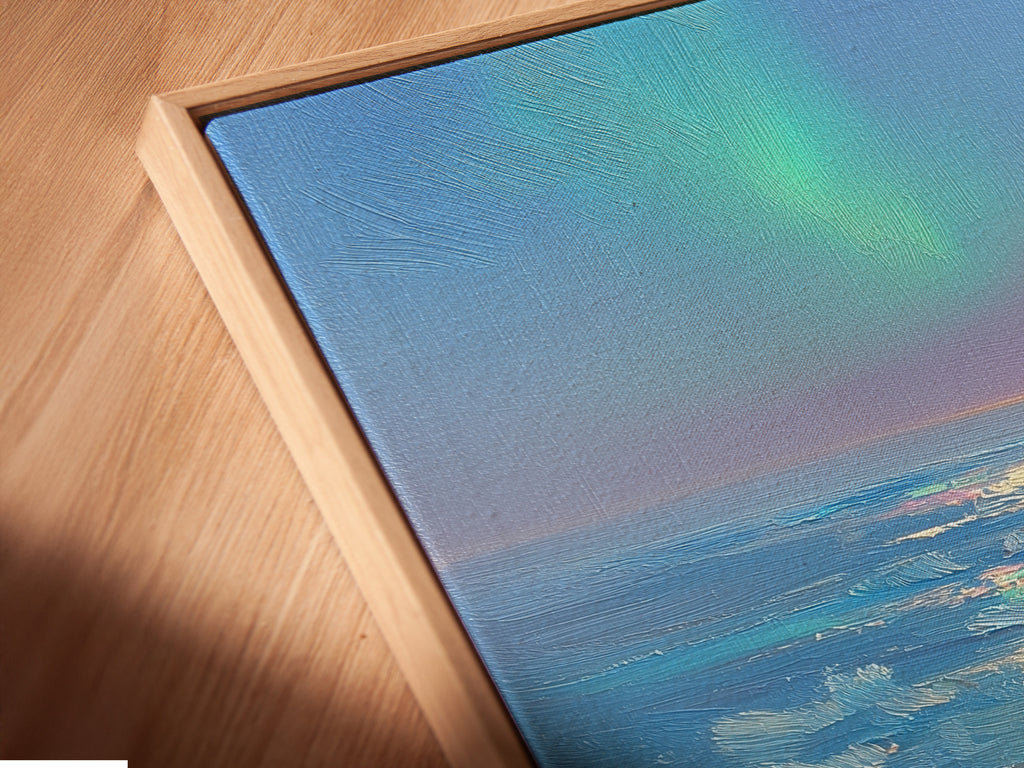 A close-up shot reveals a canvas print in a floating frame. The floating frame enhances the artwork. It creates a modern and elegant look. The artwork appears to float within the frame. This adds depth and dimension to the piece. A stunning addition to any art collection.