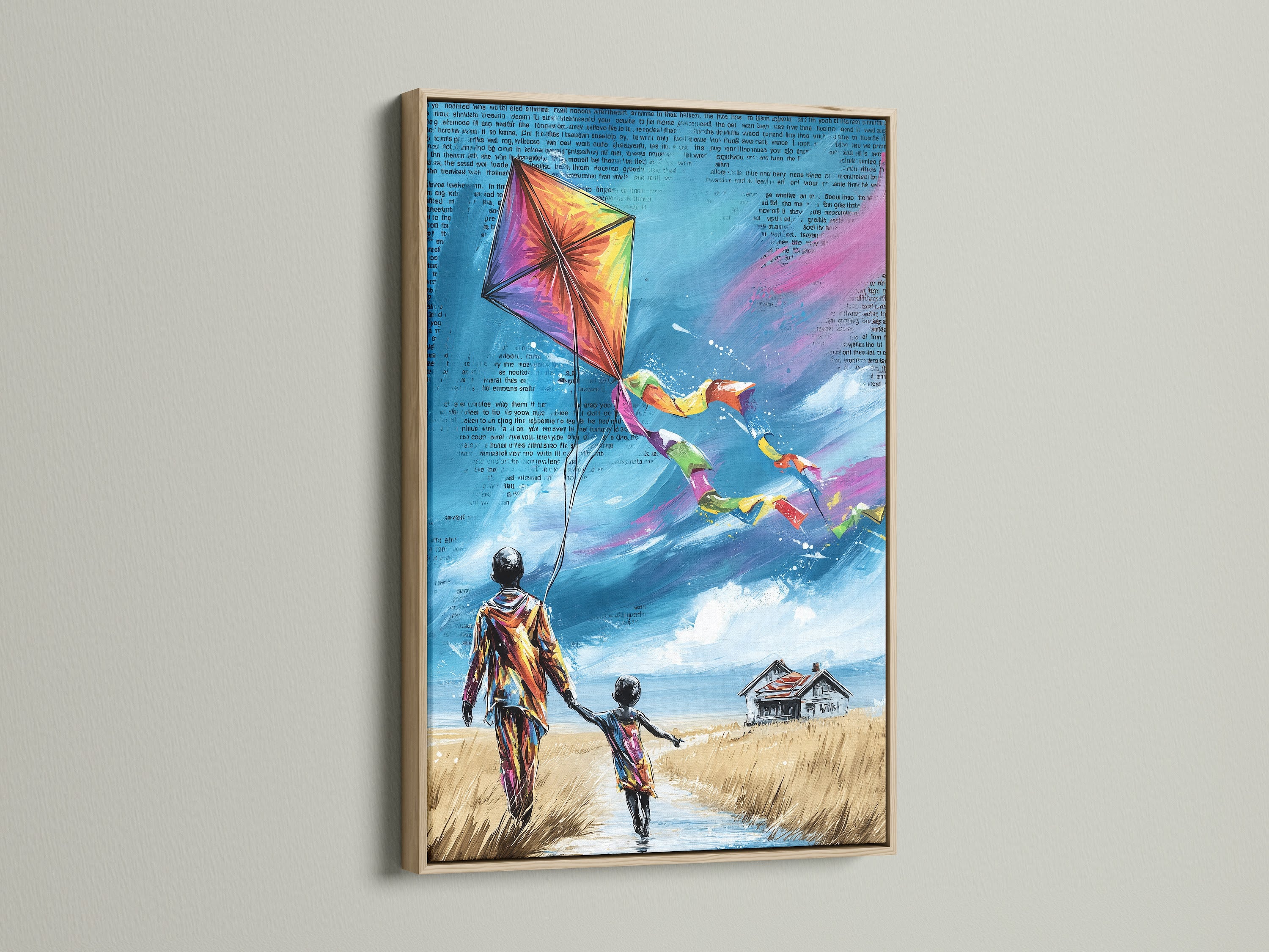 Kite Flying Canvas Print is beautifully framed in oak. The artwork captures a nostalgic scene of childhood with a colorful kite. The print features a child and adult figure. The oak frame enhances the artwork's warmth adding a touch of modern style to any room.