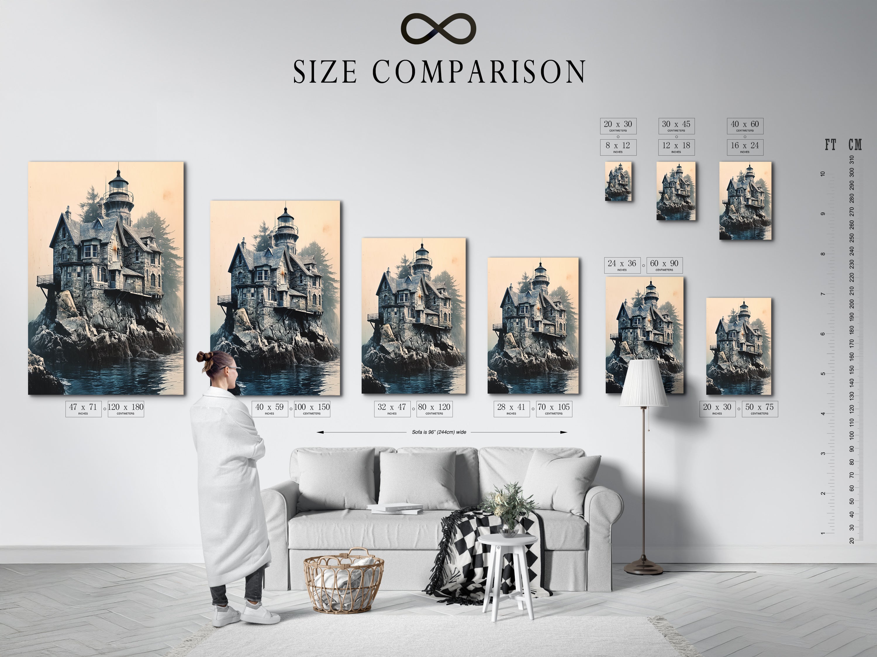 A size comparison chart is displayed in an interior setting. The chart helps visualize how the Lighthouse Canvas Print will look in different sizes. It allows you to choose the perfect dimensions for your space and decor needs.