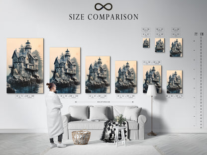 A size comparison chart is displayed in an interior setting. The chart helps visualize how the Lighthouse Canvas Print will look in different sizes. It allows you to choose the perfect dimensions for your space and decor needs.