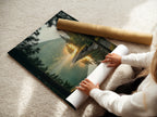 A woman carefully handles fine art poster paper. This premium paper ensures exceptional print quality. Perfect for your landscape artwork and nature prints. Enjoy lasting beauty.