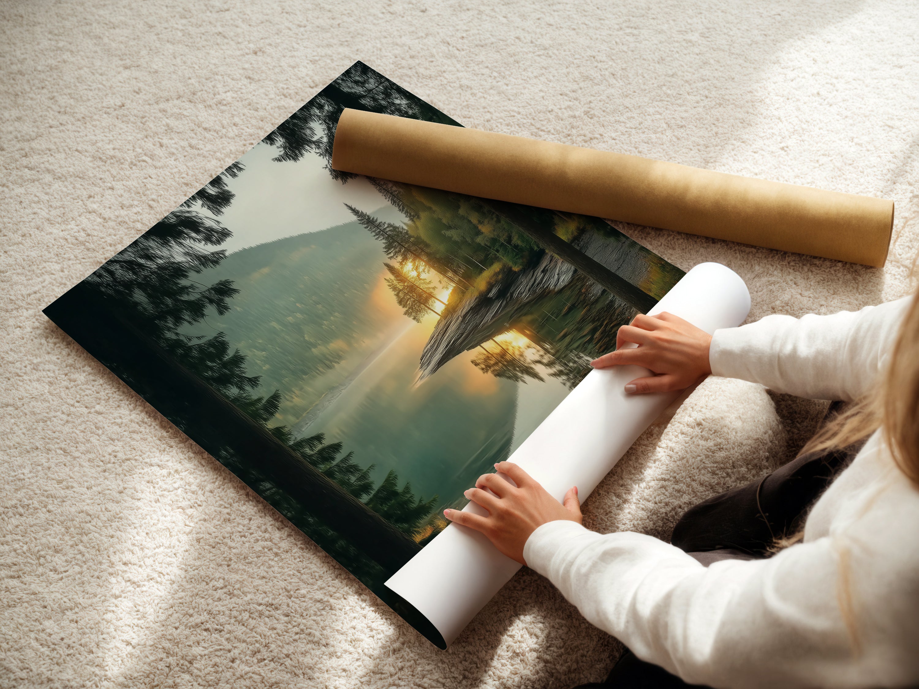 A woman carefully handles fine art poster paper. This premium paper ensures exceptional print quality. Perfect for your landscape artwork and nature prints. Enjoy lasting beauty.