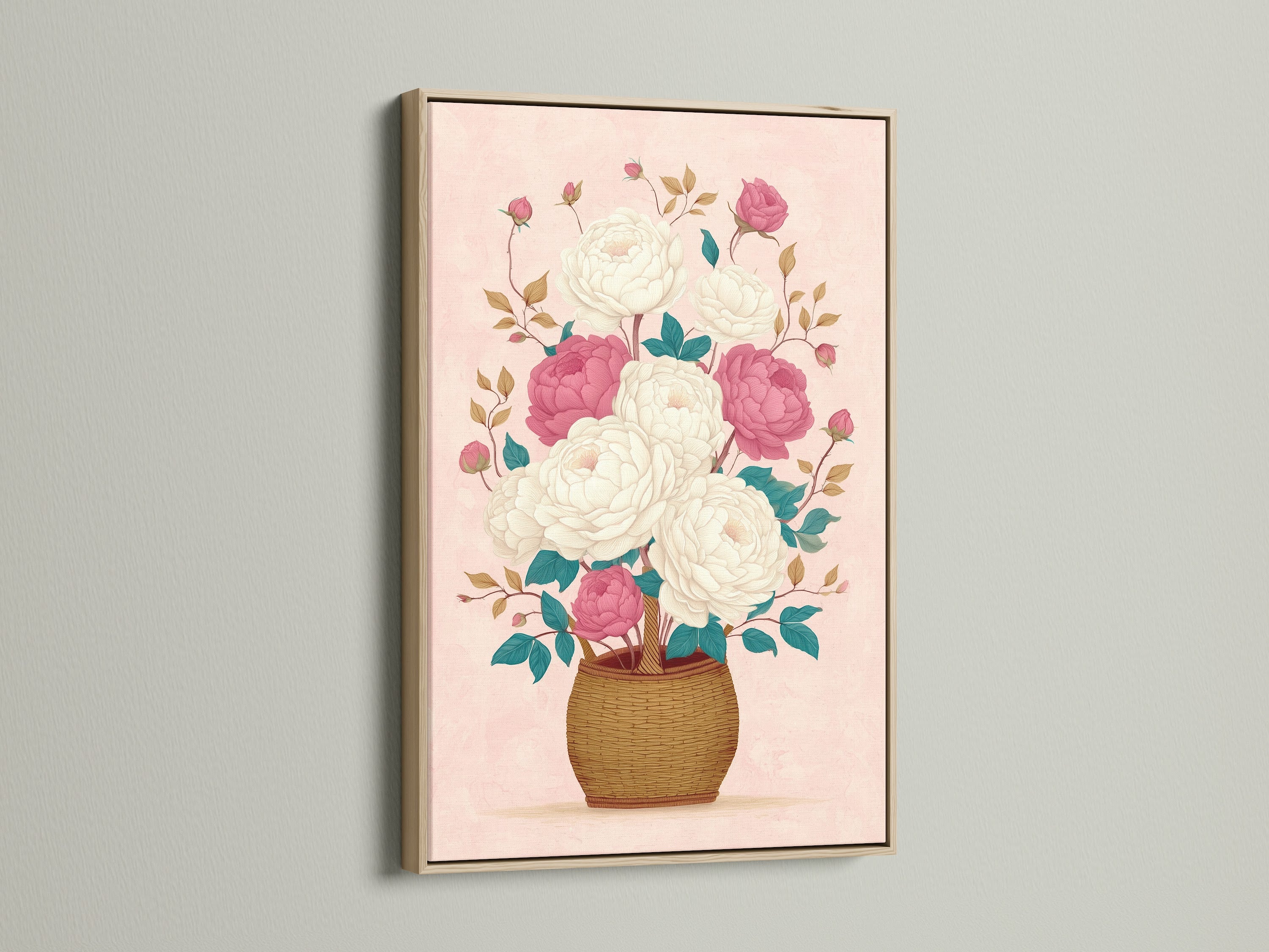 Elegant floral canvas print showcasing pink peony artwork. The artwork is displayed in an oak frame. Add a touch of botanical beauty to your home decor. Discover flower artwork for a cottagecore aesthetic.
