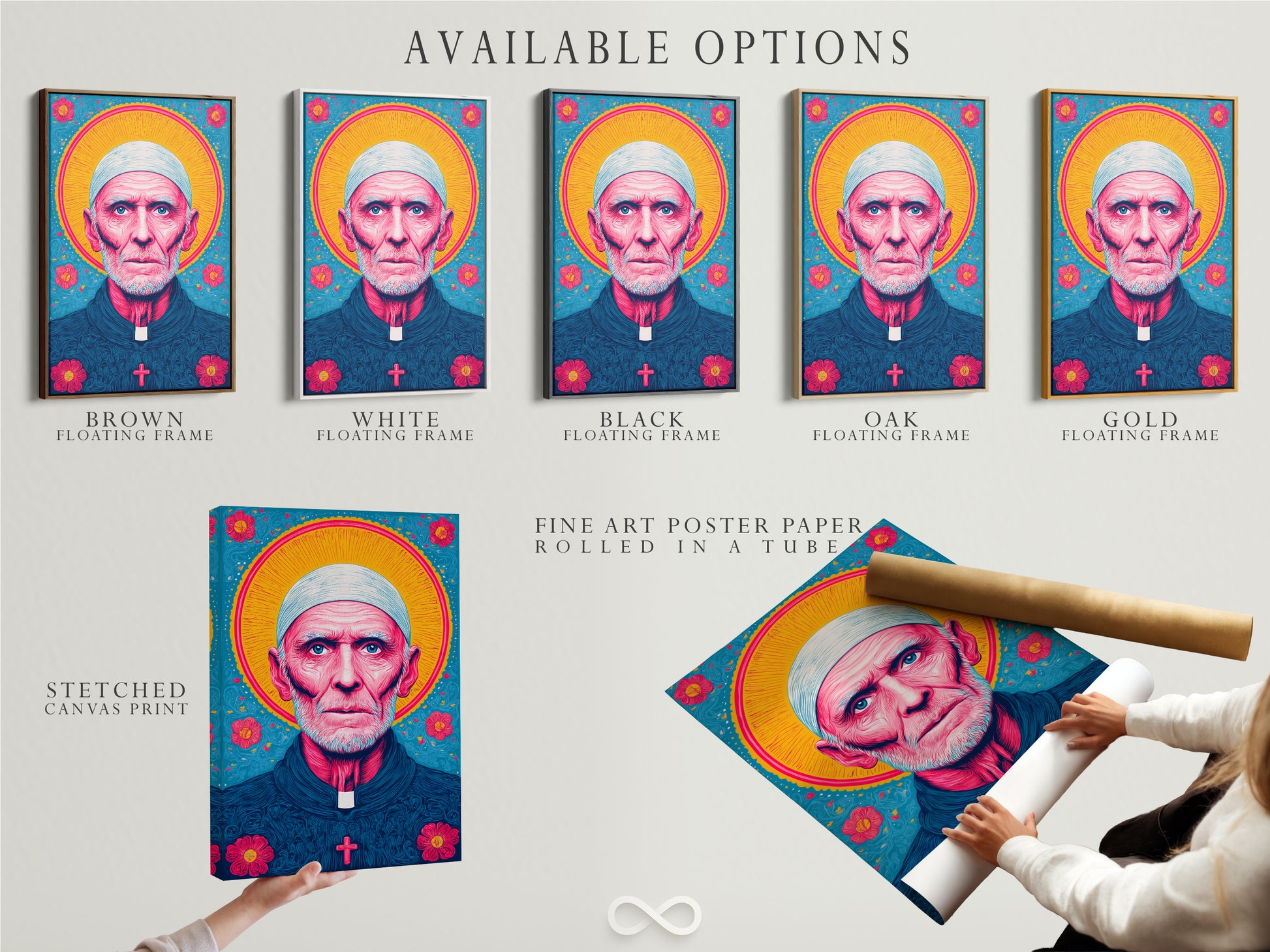 Explore available options for the priest portrait including stretched canvas prints. Also featured is fine art poster paper and floating frames. Find the perfect format for your religious art needs. Choose the ideal style to complement your church decor. Options for every taste and space.
