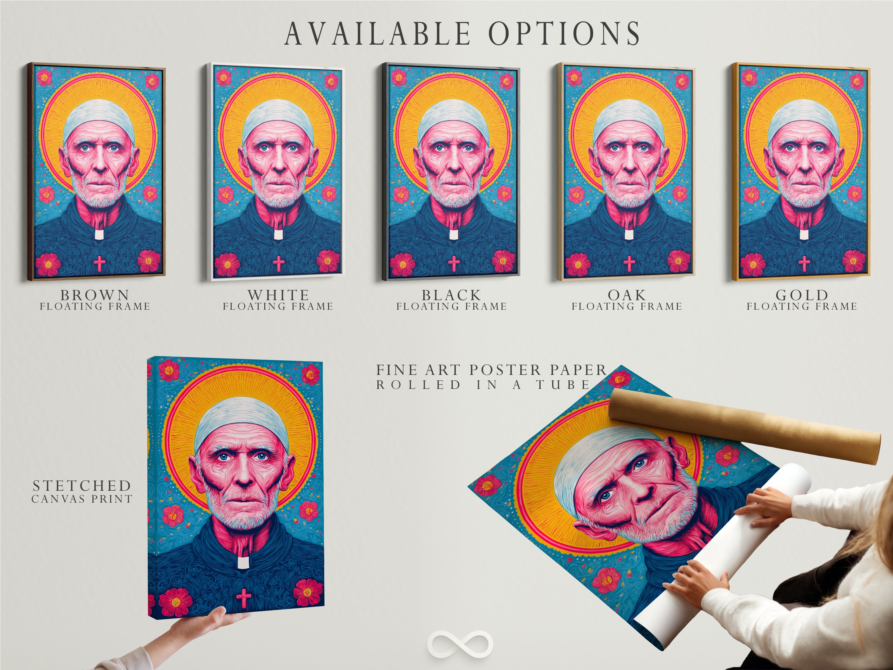 Explore available options for the priest portrait including stretched canvas prints. Also featured is fine art poster paper and floating frames. Find the perfect format for your religious art needs. Choose the ideal style to complement your church decor. Options for every taste and space.
