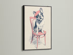 French Bulldog illustration in a black frame. The black frame adds a modern touch. This pet portrait suits Scandinavian interiors. Enhance your home office or pet store with this piece. This quirky wall art is a conversation starter.