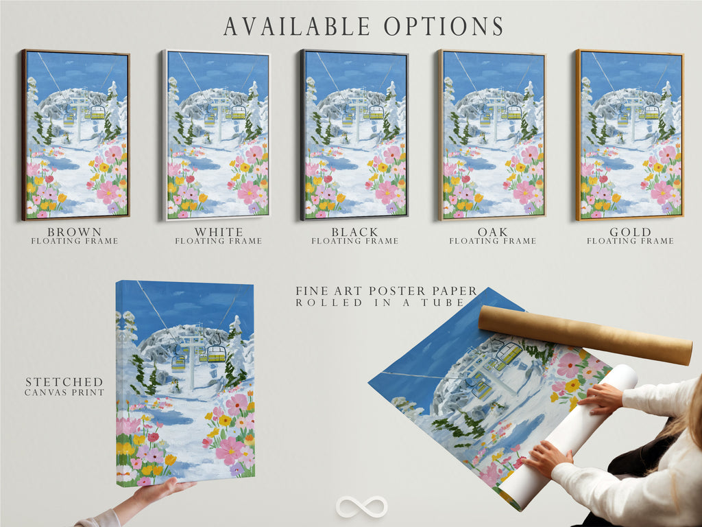 Available options for the Ski Lift artwork are displayed. Choose from stretched canvas print fine art poster paper or floating frame. Customize your winter mountain wall art. Perfect for ski resort decor.