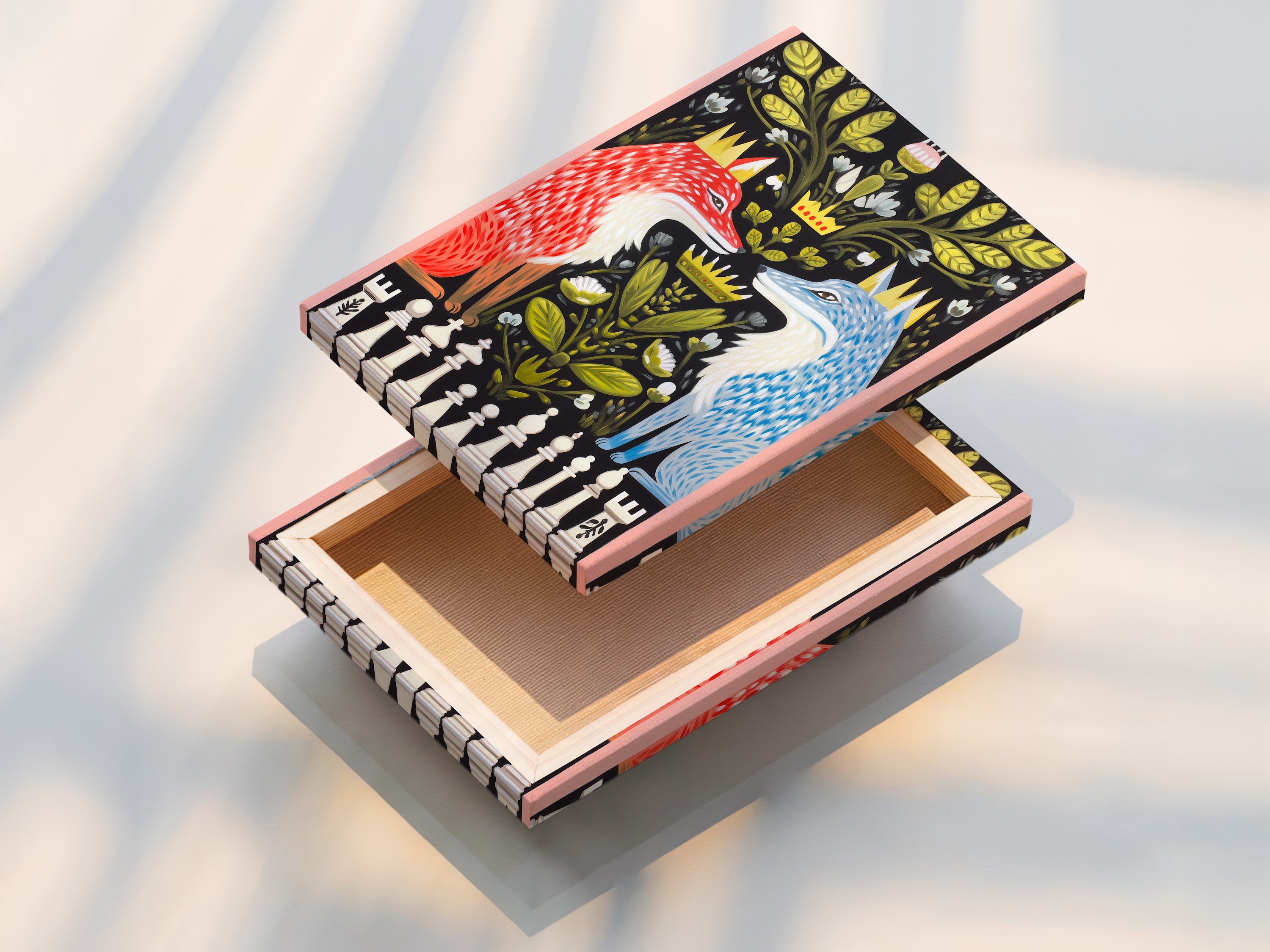 The image shows a stretched canvas print of the Fox Chess artwork. The canvas enhances the colors. The red and blue animal artwork is vibrant. Perfect for adding a touch of whimsy. This stretched canvas is ready to hang. It's a contemporary statement piece.