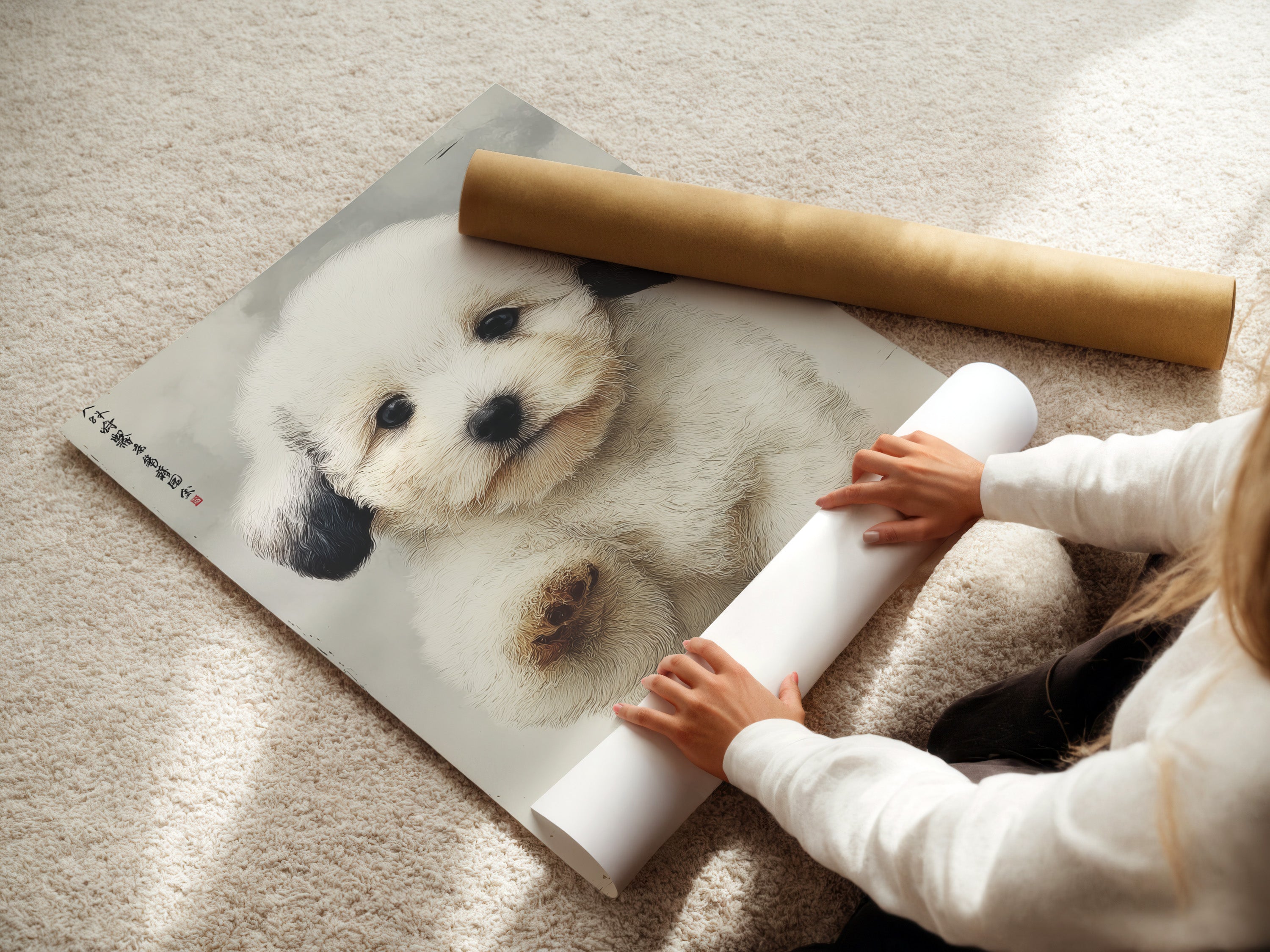 A woman is carefully rolling a fine art poster paper. This is a great option for puppy wall art. The adorable dog artwork is perfect for nursery decor. Get your own cute puppy poster for a kids room. This pet portrait print is ideal for framing and complements minimalist styles.