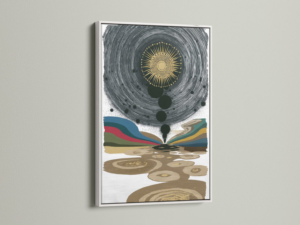 A canvas print is displayed in a clean white frame. The white frame offers a crisp aesthetic to the cosmic artwork. This frame choice is ideal for spiritual wall art. It also brightens bedroom wall decor. The white frame enhances any abstract canvas art.