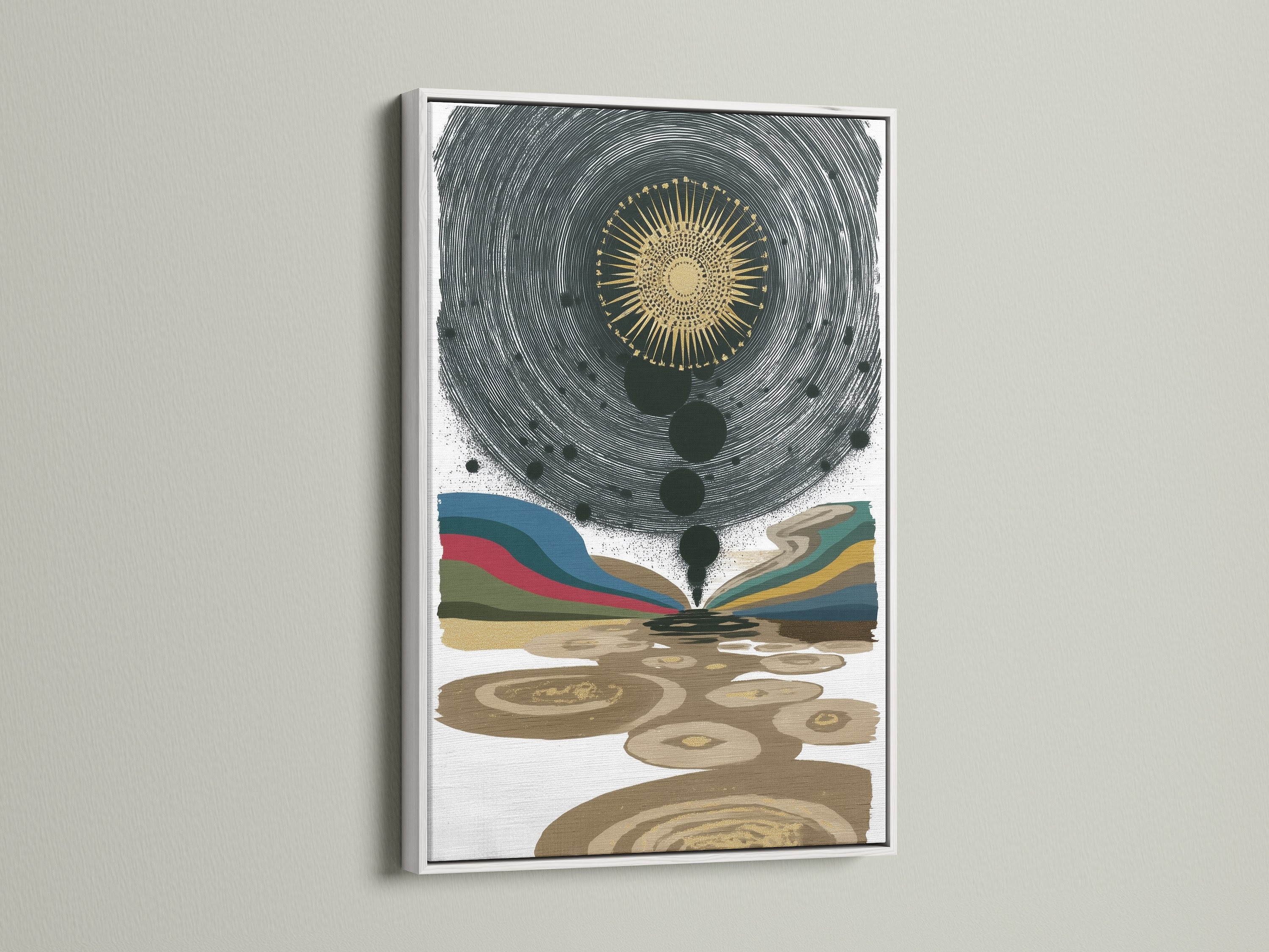 A canvas print is displayed in a clean white frame. The white frame offers a crisp aesthetic to the cosmic artwork. This frame choice is ideal for spiritual wall art. It also brightens bedroom wall decor. The white frame enhances any abstract canvas art.