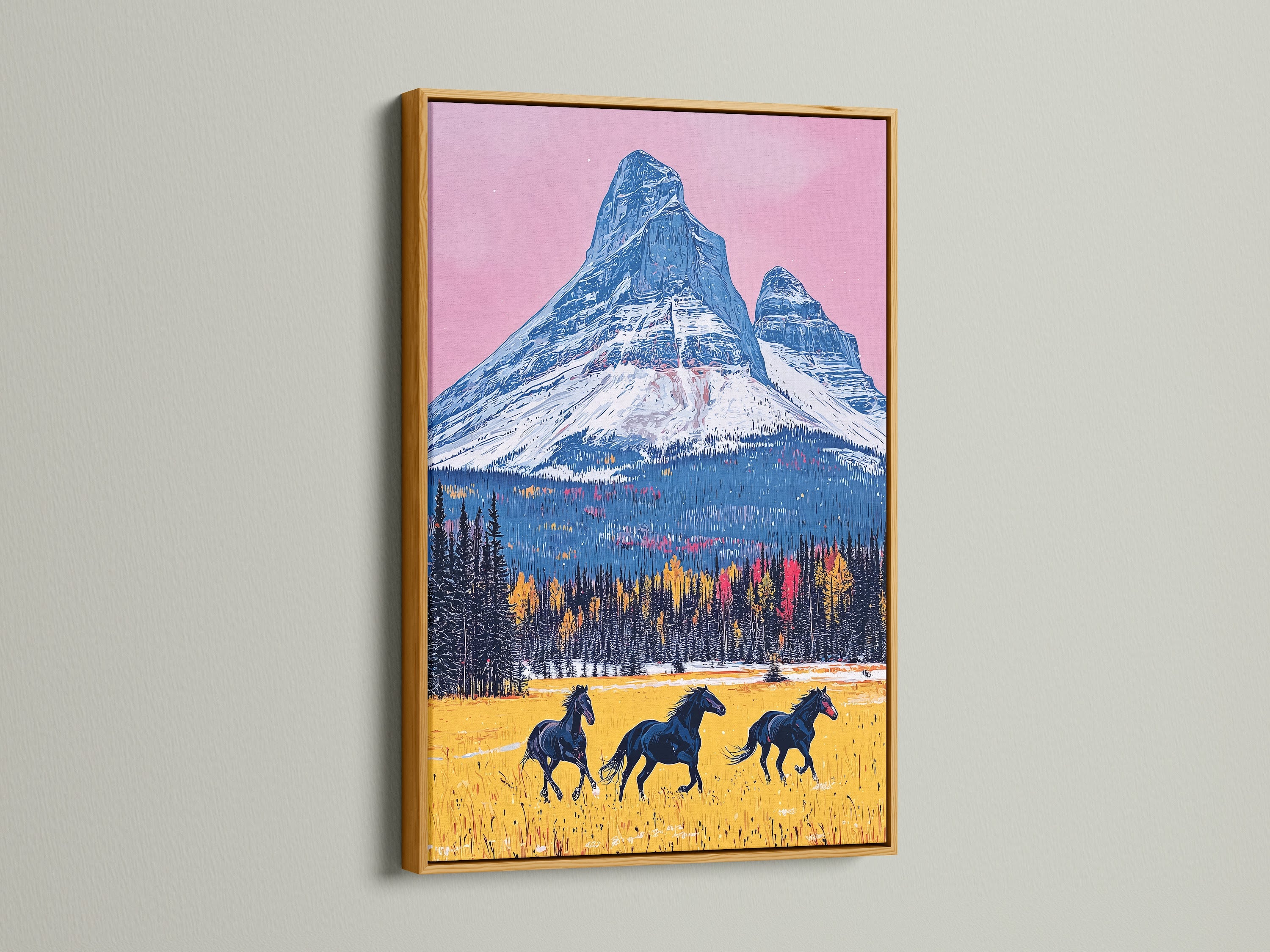Bring a touch of luxury with a gold framed mountain horse artwork. The gold frame accentuates the pink sky art. This horse canvas art adds elegance to your home. Perfect for creating a stylish western wall decor. This landscape canvas is truly unique.