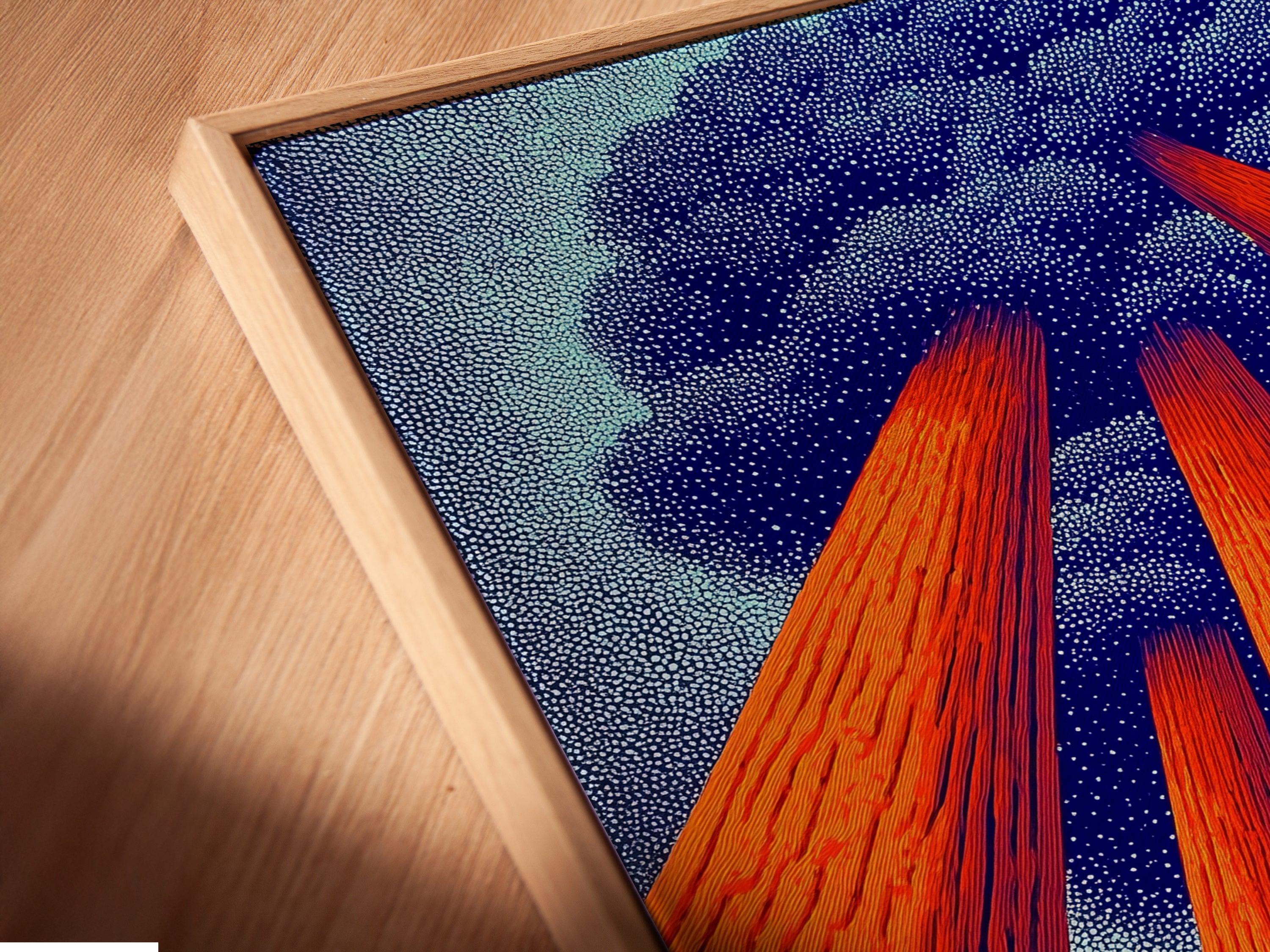 A close-up angled view of Sequoia art in a floating frame. The redwood forest artwork appears to float. This modern tree artwork adds a unique touch. Earth tones blend seamlessly with any decor. Ideal for minimalist and contemporary aesthetics.