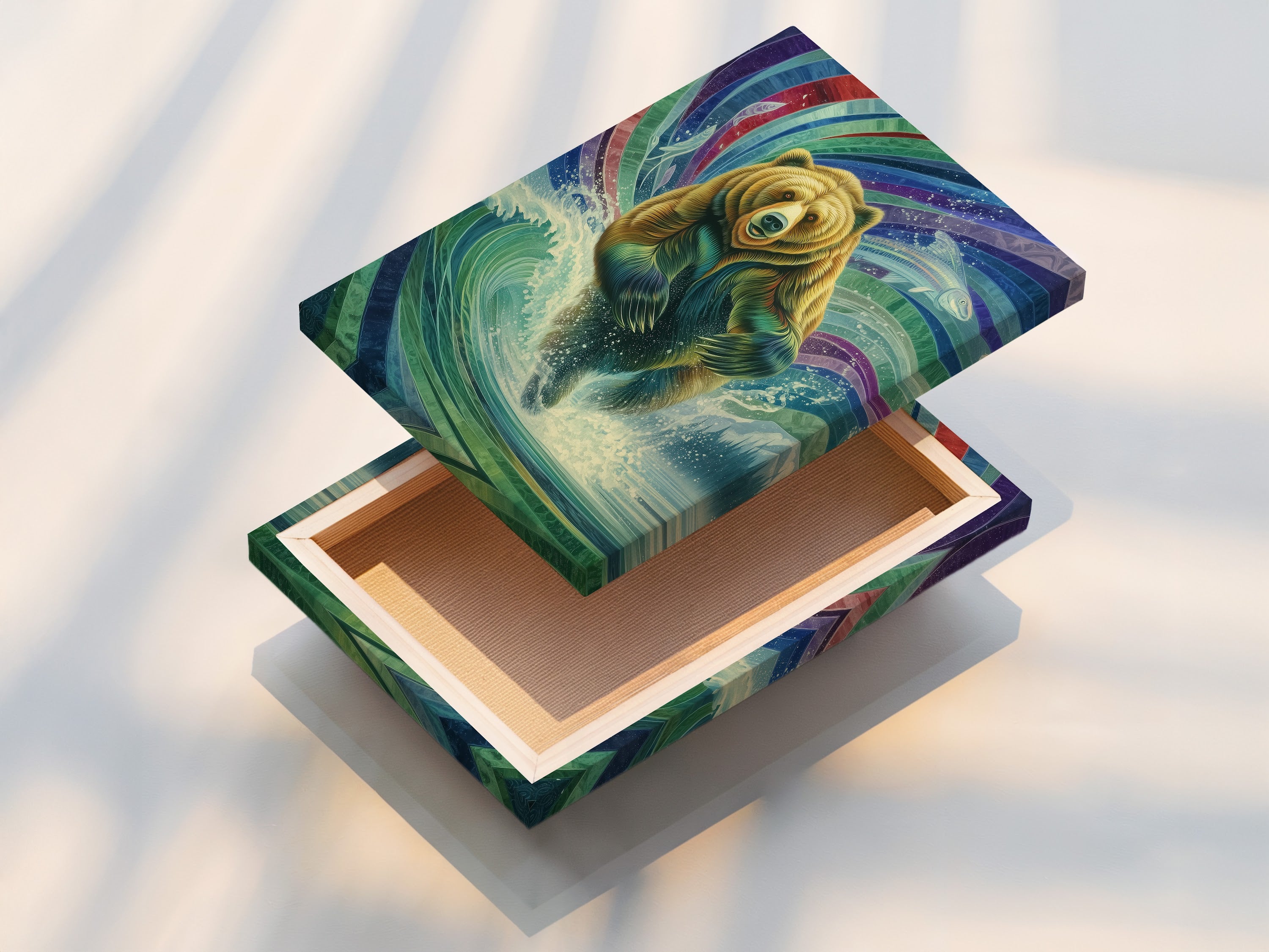 Stretched canvas print of Mystical Grizzly Bear artwork. This wildlife art print features a bear emerging from water with vibrant colors. Perfect for lodge style decor in your living room or bedroom. Explore this unique animal artwork for your home.