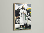 The artwork is displayed in an oak frame. The frame enhances the artwork. The art piece features Jesus with sheep. This oak frame offers a natural and warm touch. It complements the artwork beautifully. Add sophistication to your space.