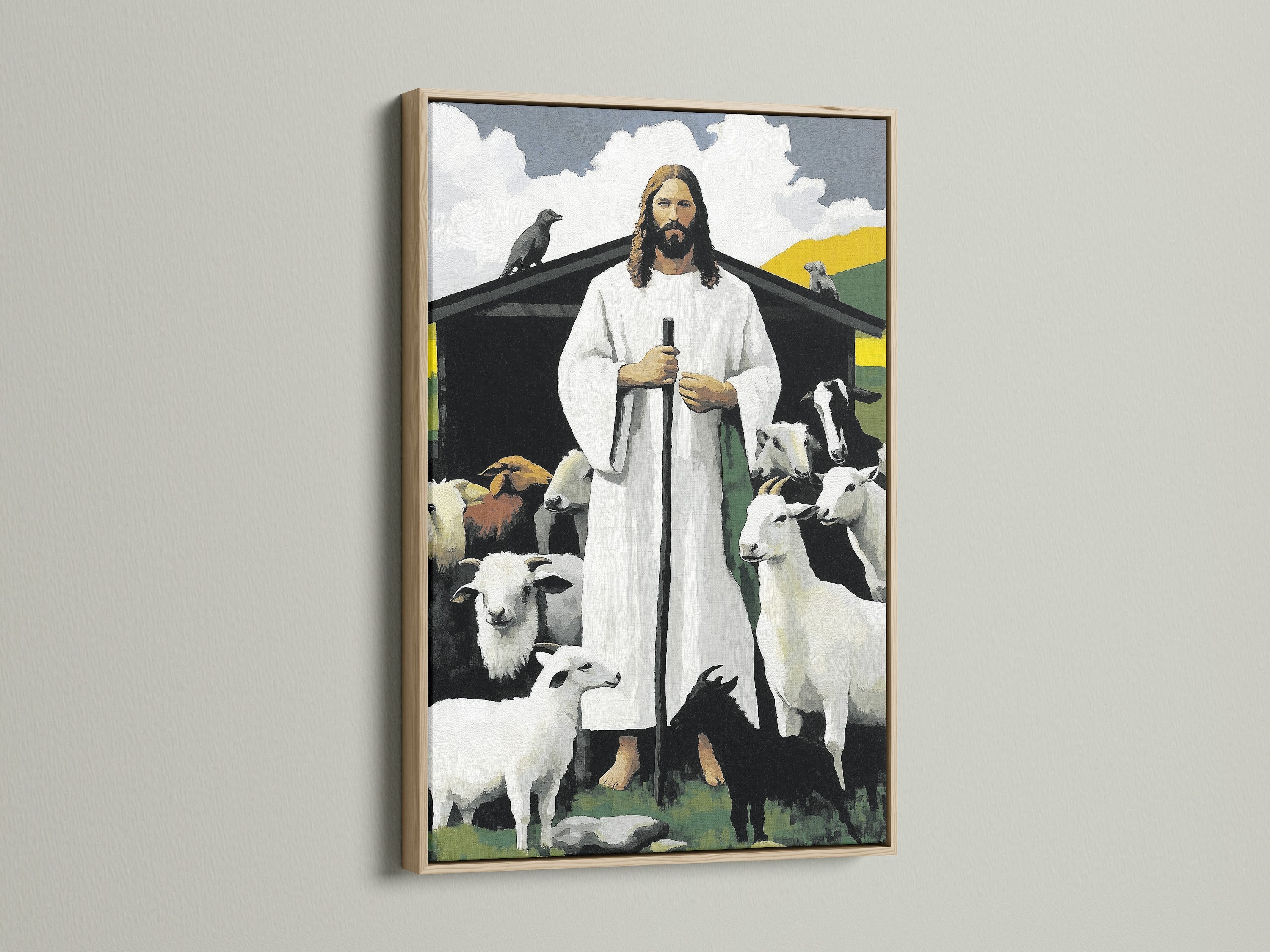 The artwork is displayed in an oak frame. The frame enhances the artwork. The art piece features Jesus with sheep. This oak frame offers a natural and warm touch. It complements the artwork beautifully. Add sophistication to your space.