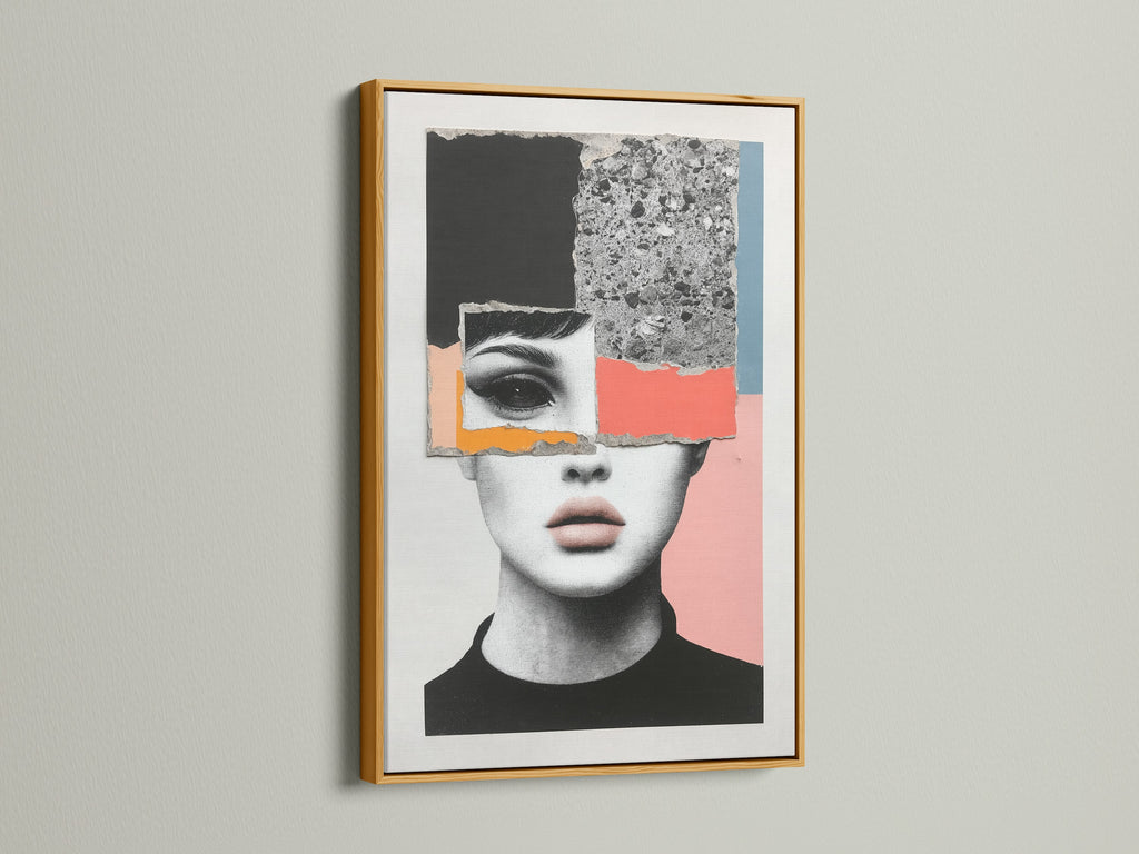 Gold frame highlighting an abstract face artwork. This modern collage wall art adds a touch of elegance. Enhance your bedroom decor. This art fits minimalist retro industrial or eclectic styles. Ideal for living rooms bedrooms offices studios lobbies clinics boutiques and salons.