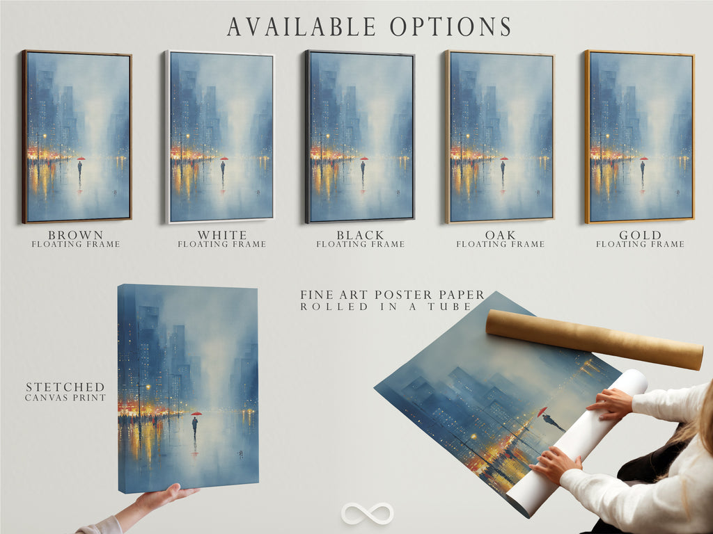 Discover the available options for our cityscape art. Choose from stretched canvas prints fine art poster paper or floating frames. This urban artwork captures a rainy day scene. The blue tones enhance office wall decor. Find the perfect style to match your taste. Elevate your space