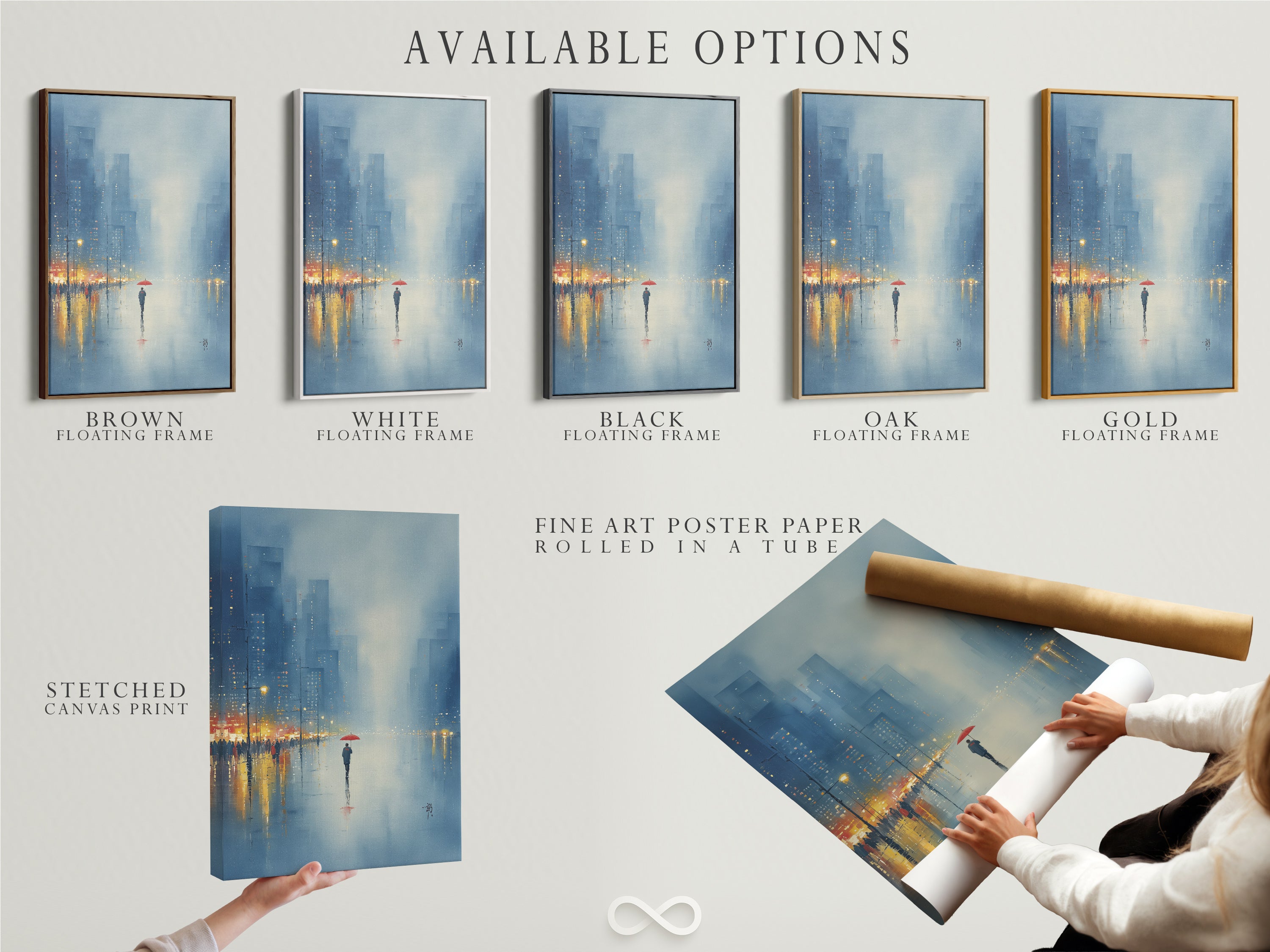 Explore the available options for the Rainy City artwork. Choose from a stretched canvas print. Opt for fine art poster paper. Consider a floating frame to enhance your artwork. Customize your piece to match your style and decor preferences. Find the perfect option today.