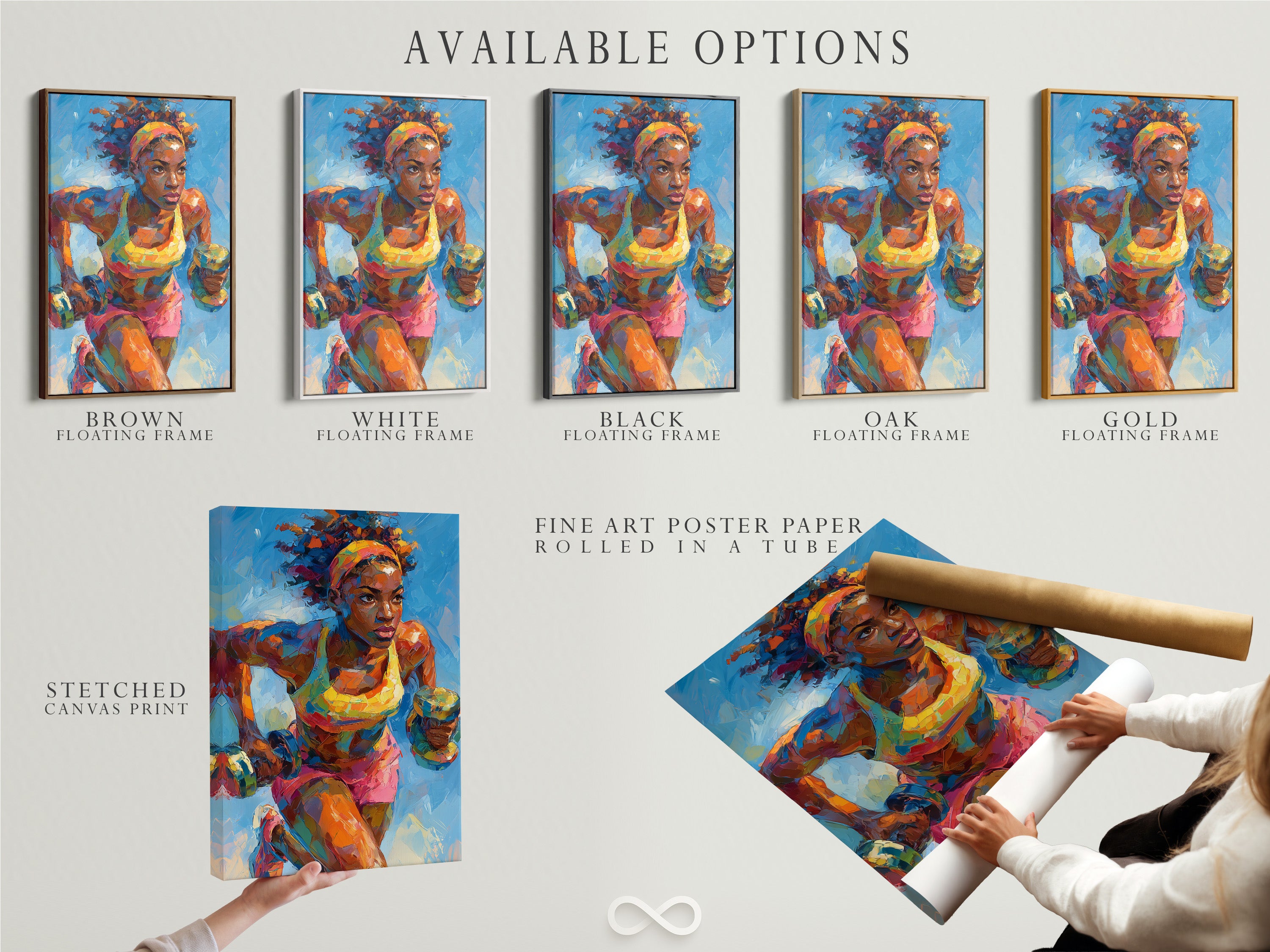 Explore the available options for the female boxer artwork. Choose from a stretched canvas print fine art poster paper or floating frame. Customize your artwork to match your style. Find the perfect piece for your gym office or home. Elevate your space with this motivational art.
