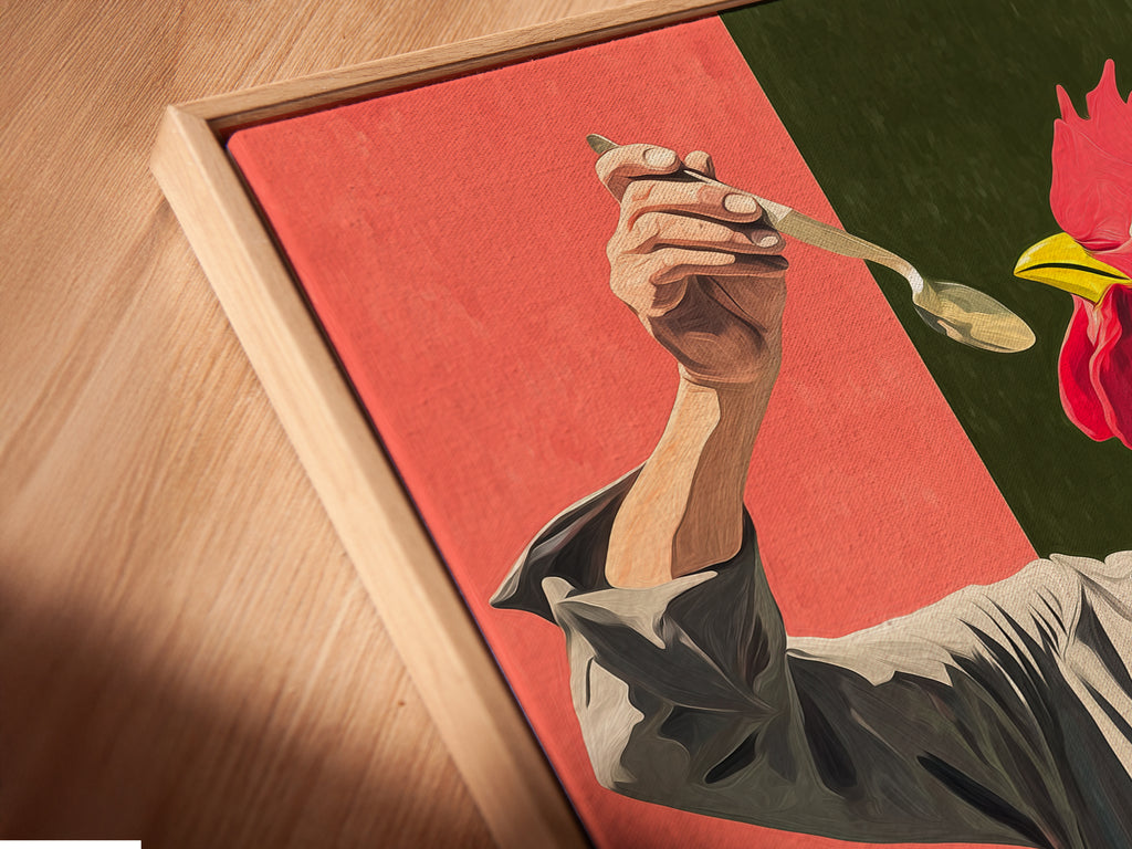 A close up angled view of a Chef Rooster canvas print. The print is displayed in a floating frame. This culinary art poster brings a unique touch. It is perfect for restaurants and cooking enthusiasts. The artwork is a conversation starter. It is a great gift for food lovers.