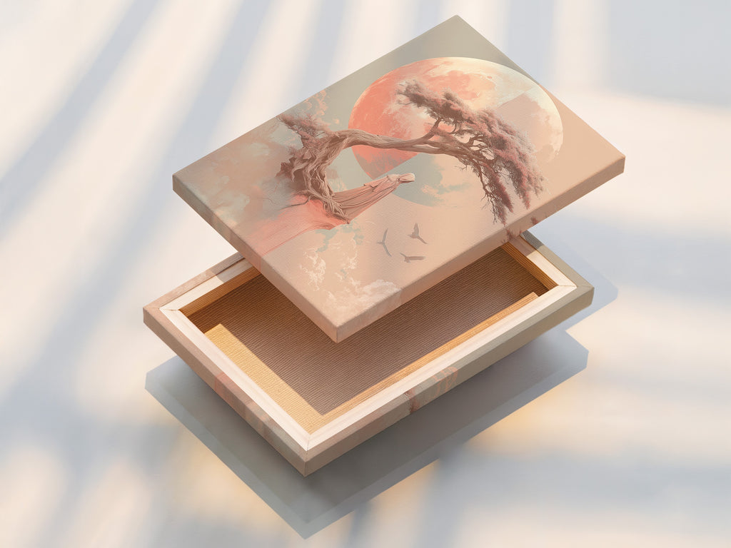 A stretched canvas print of the Zen Tree art. The artwork brings a peaceful touch to any room. Coral pink hues enhance the meditation theme. Ideal for creating a zen-inspired living space or bedroom.