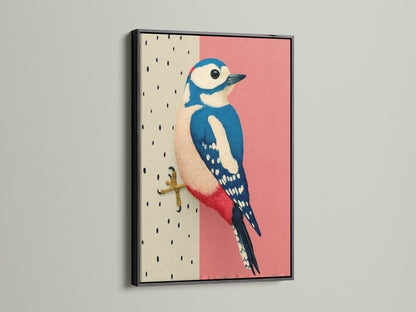 A Woodpecker bird art print is presented in a sleek black frame. The contrasting colors make the artwork pop. This nature-inspired art adds sophistication to your space. It is a unique gift for bird lovers and ornithology enthusiasts.