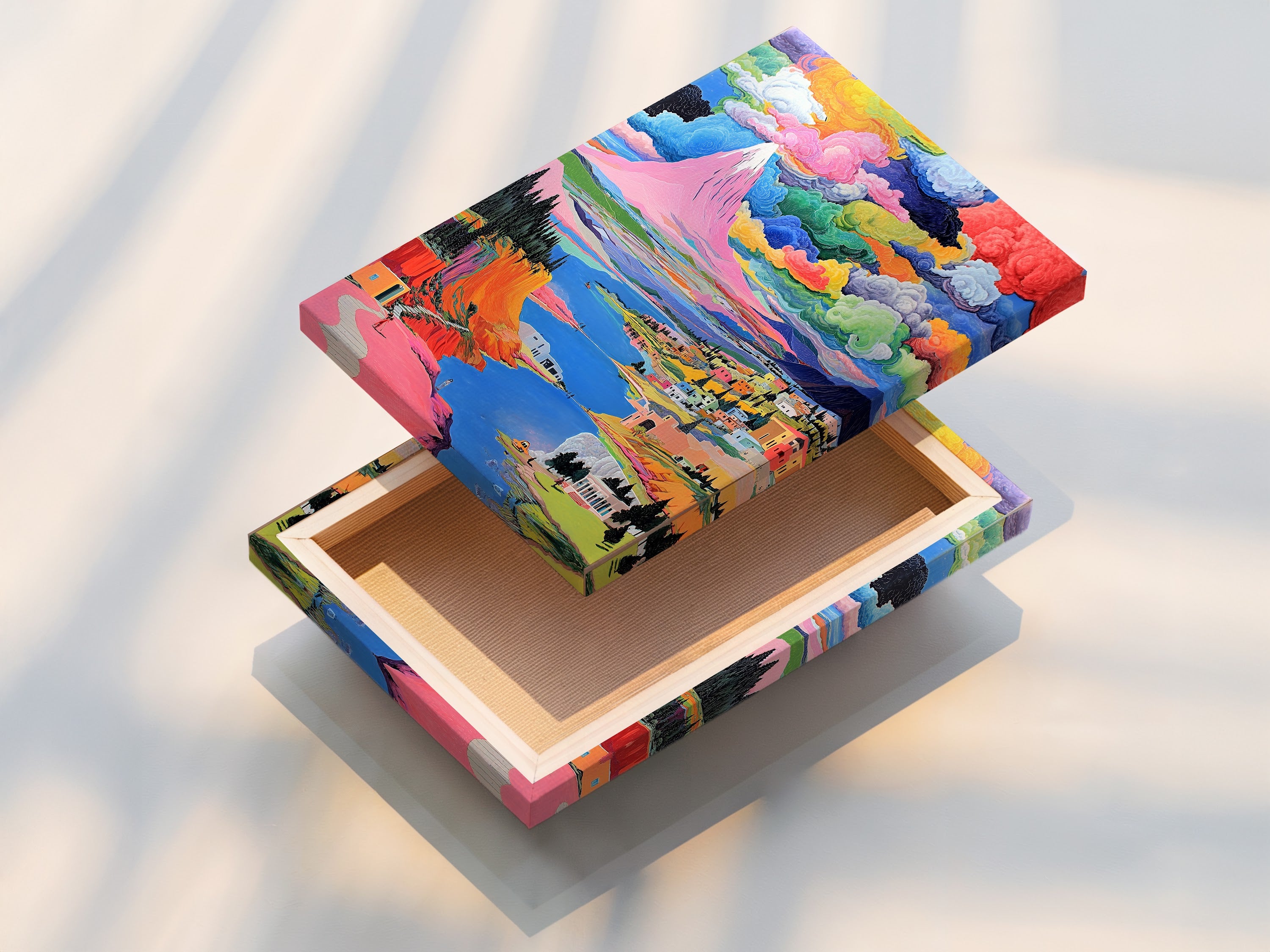 A stretched canvas print displays a colorful mountain artwork. The whimsical landscape wall art enhances any space. Pink and teal nature elements add a modern touch. Perfect for contemporary home or office decor.