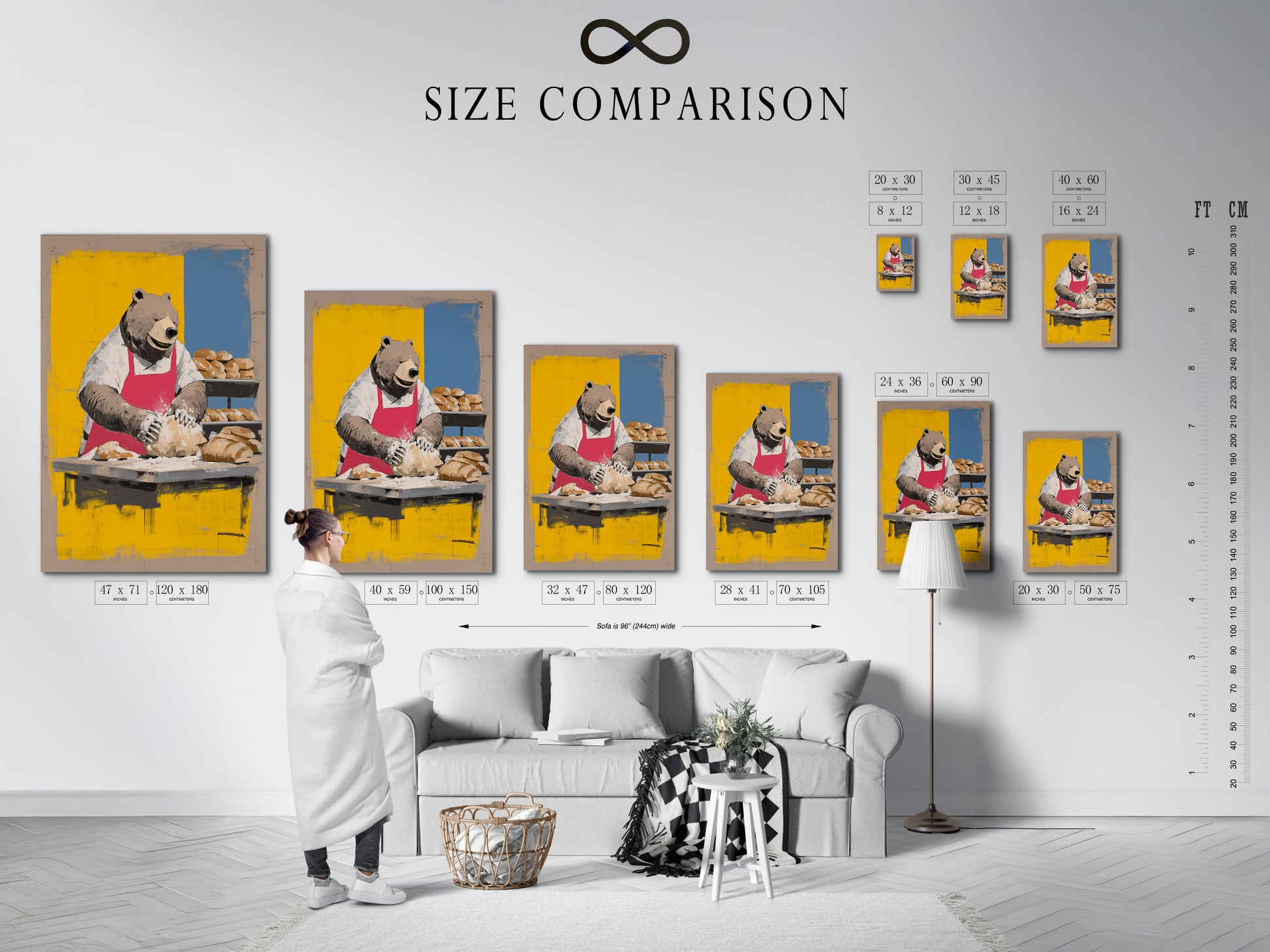 A size comparison chart in an interior setting displays the Bear Baker Artwork. See how this kitchen wall art fits in your space. The chef animal print is perfect for a dining room. It helps homeowners and cafe owners visualize sizes for their decor.