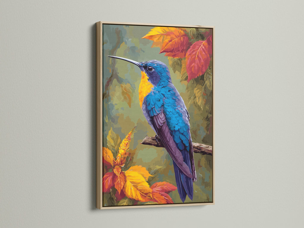 This is an oak frame showcasing a beautiful art print. The natural wood grain of the oak enhances the artwork. The art piece is a colorful hummingbird. The oak frame offers a warm and inviting aesthetic. Perfect for adding a touch of sophistication to your home decor with this framed artwork.