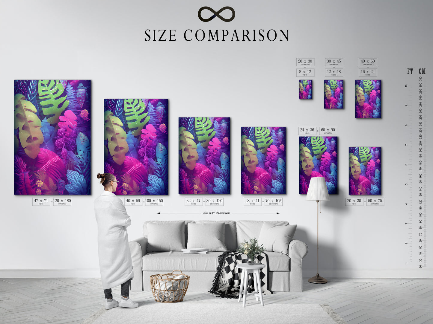 Size comparison chart displayed in an interior setting featuring tropical leaves canvas print. Visualize the perfect fit for your space with our neon botanical wall art. Choose the ideal size for your exotic foliage poster. Enhance your home decor.
