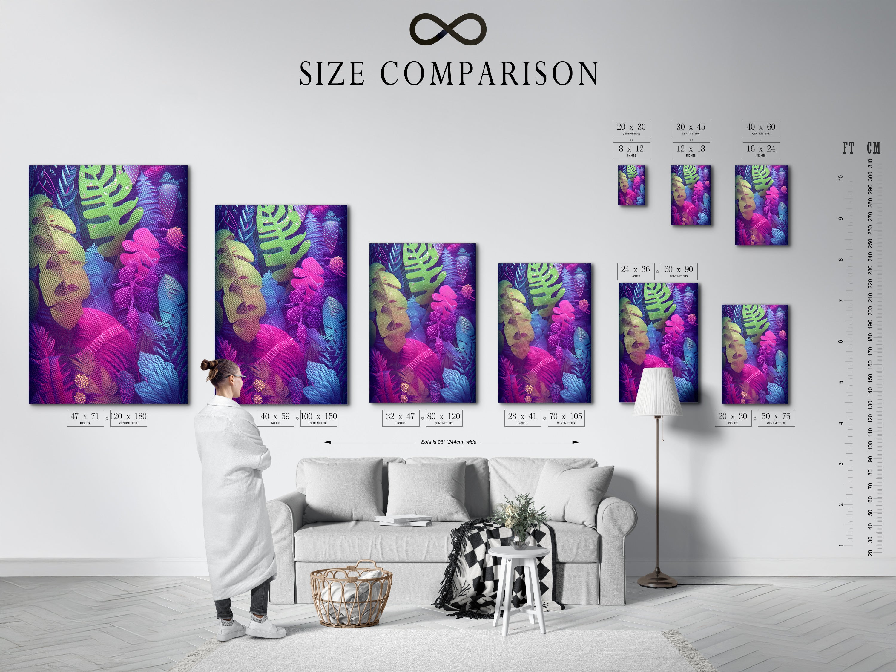 Size comparison chart displayed in an interior setting featuring tropical leaves canvas print. Visualize the perfect fit for your space with our neon botanical wall art. Choose the ideal size for your exotic foliage poster. Enhance your home decor.