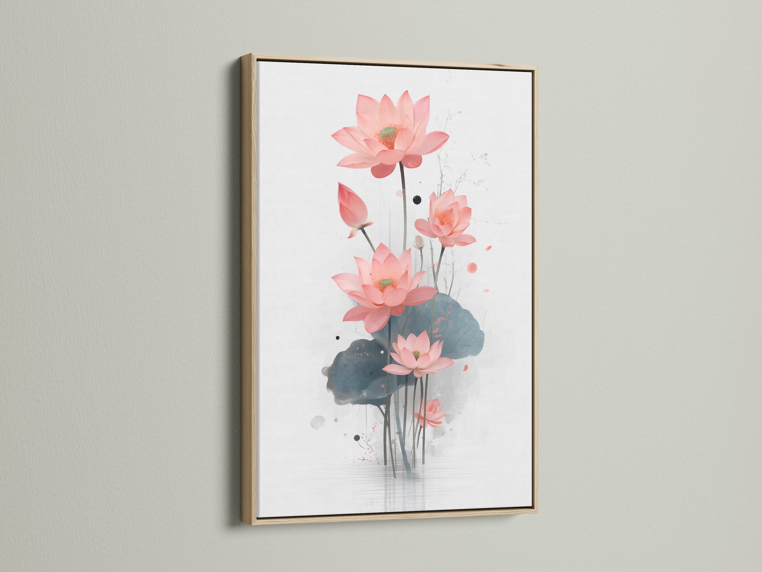 Showcasing a serene lotus flower art print in an oak frame. This floral canvas adds a touch of nature to any room. Ideal for living room wall art or bedroom wall decor. The oak frame enhances the botanical print's natural beauty. Elevate your modern decor with this elegant flower artwork.