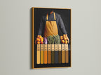Chef artwork displayed in a gold frame. This kitchen print is a modern foodie art for dining room decor.  It will add a touch of sophistication to any space. Ideal for chefs and restaurant owners. This culinary canvas enhances any kitchen or dining area.
