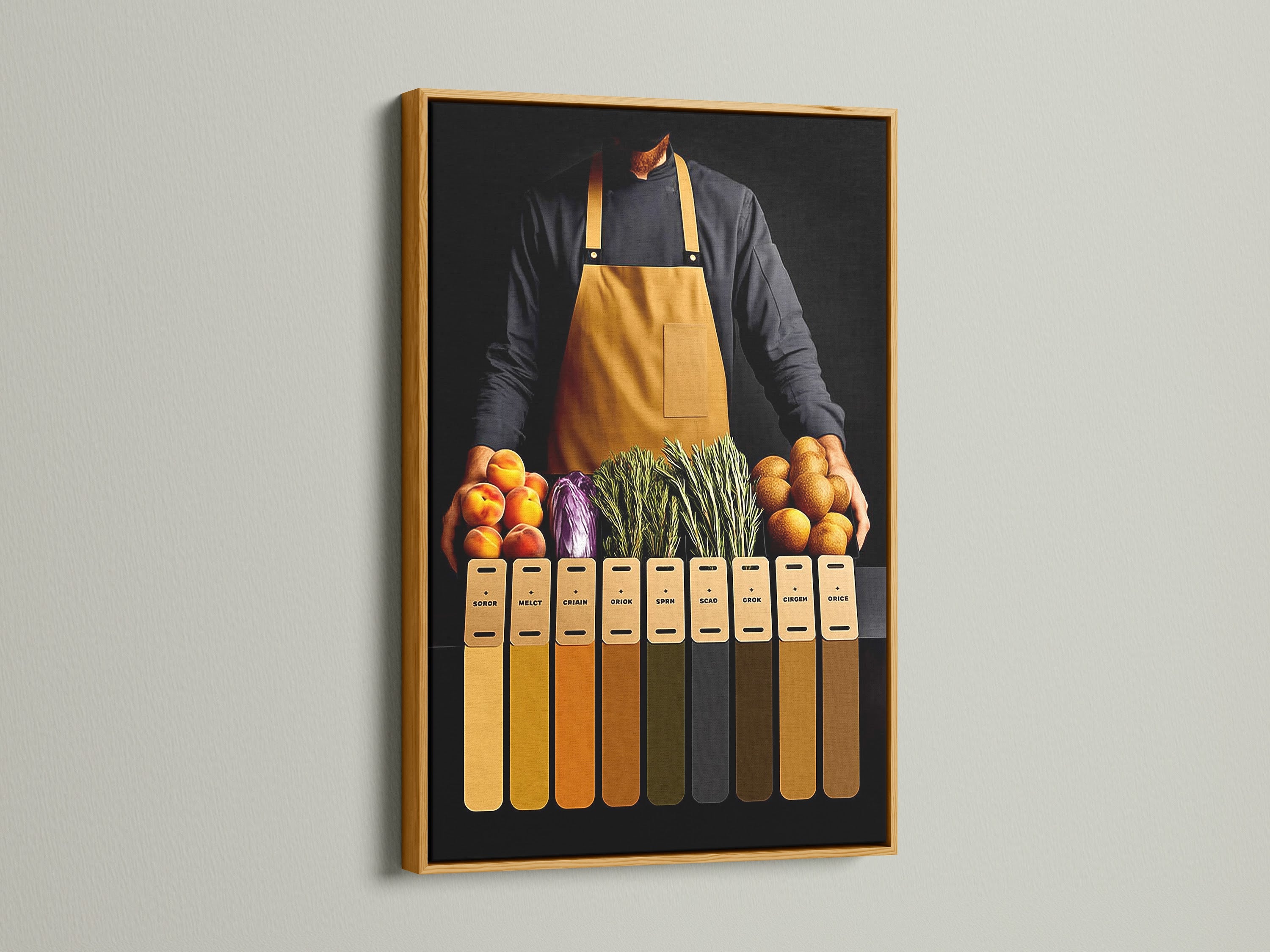 Chef artwork displayed in a gold frame. This kitchen print is a modern foodie art for dining room decor.  It will add a touch of sophistication to any space. Ideal for chefs and restaurant owners. This culinary canvas enhances any kitchen or dining area.