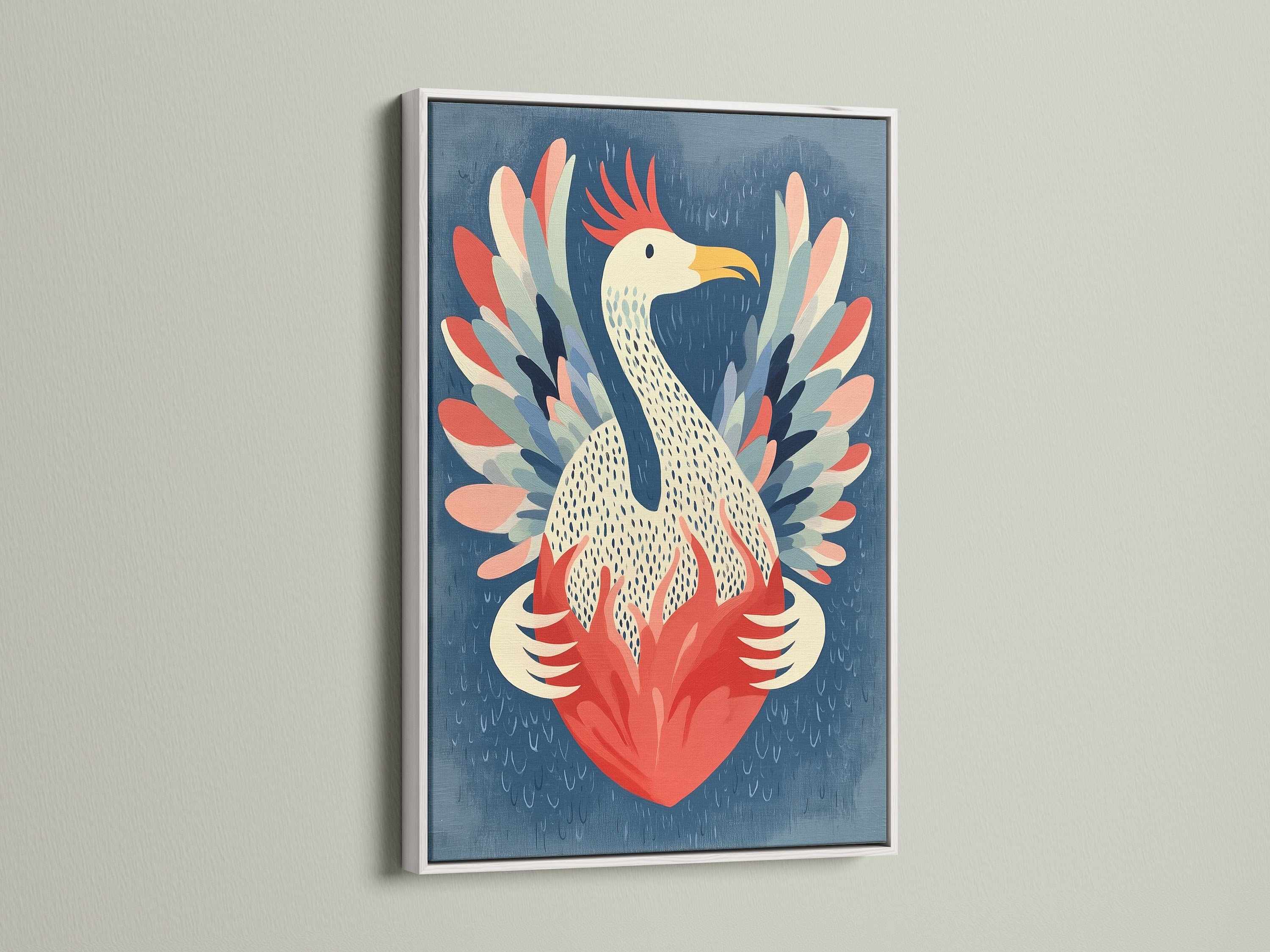 Phoenix art in a white frame. The crisp white enhances the colorful artwork. This teal and coral decor is ideal for a modern space. Add a touch of Scandinavian art to your home.