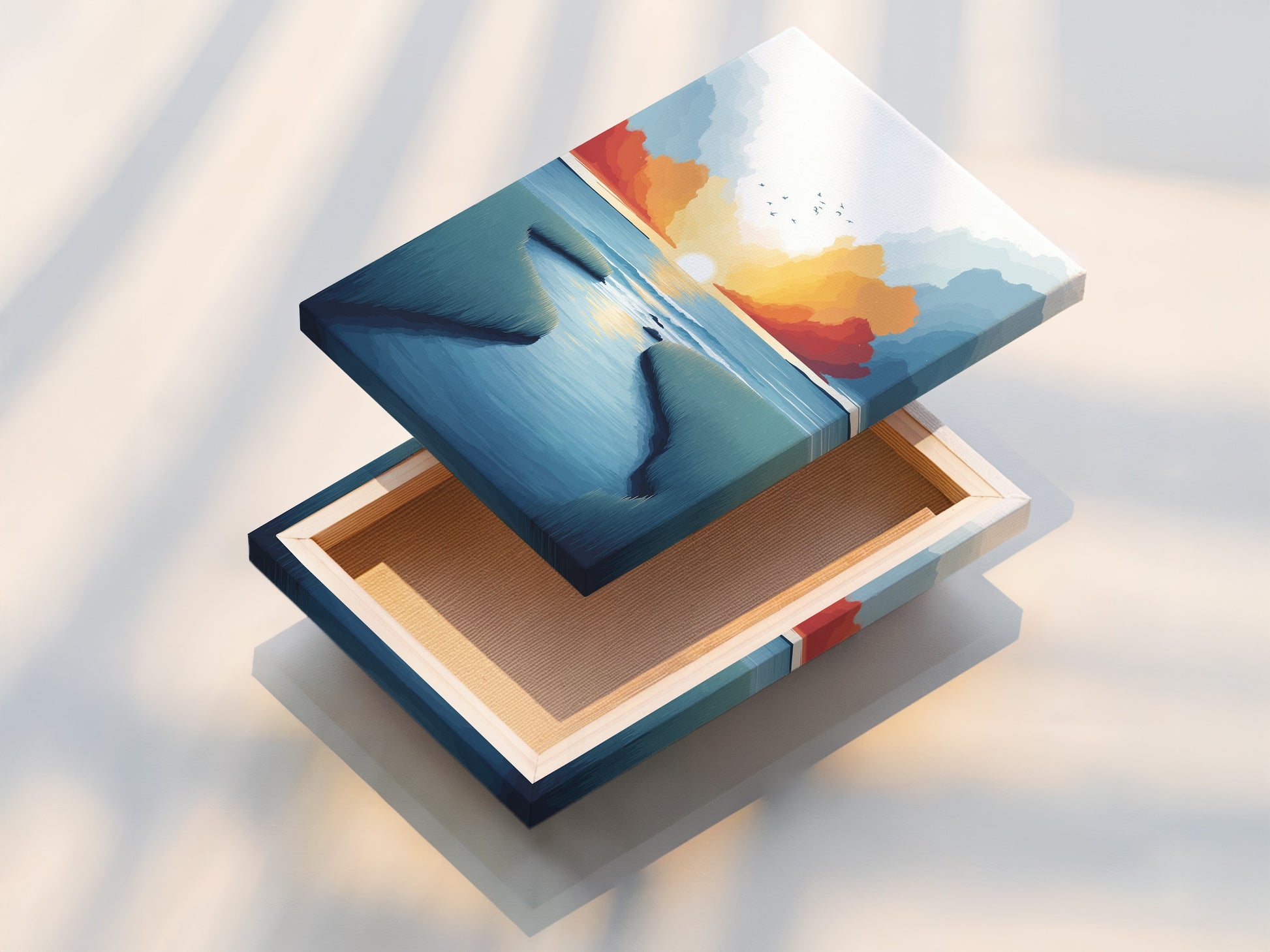 A stretched canvas print of a coastal marsh sunset seascape. The modern teal and coral artwork is ready to hang. The stretched canvas offers a clean and contemporary look. Perfect for adding a touch of ocean art to your home.