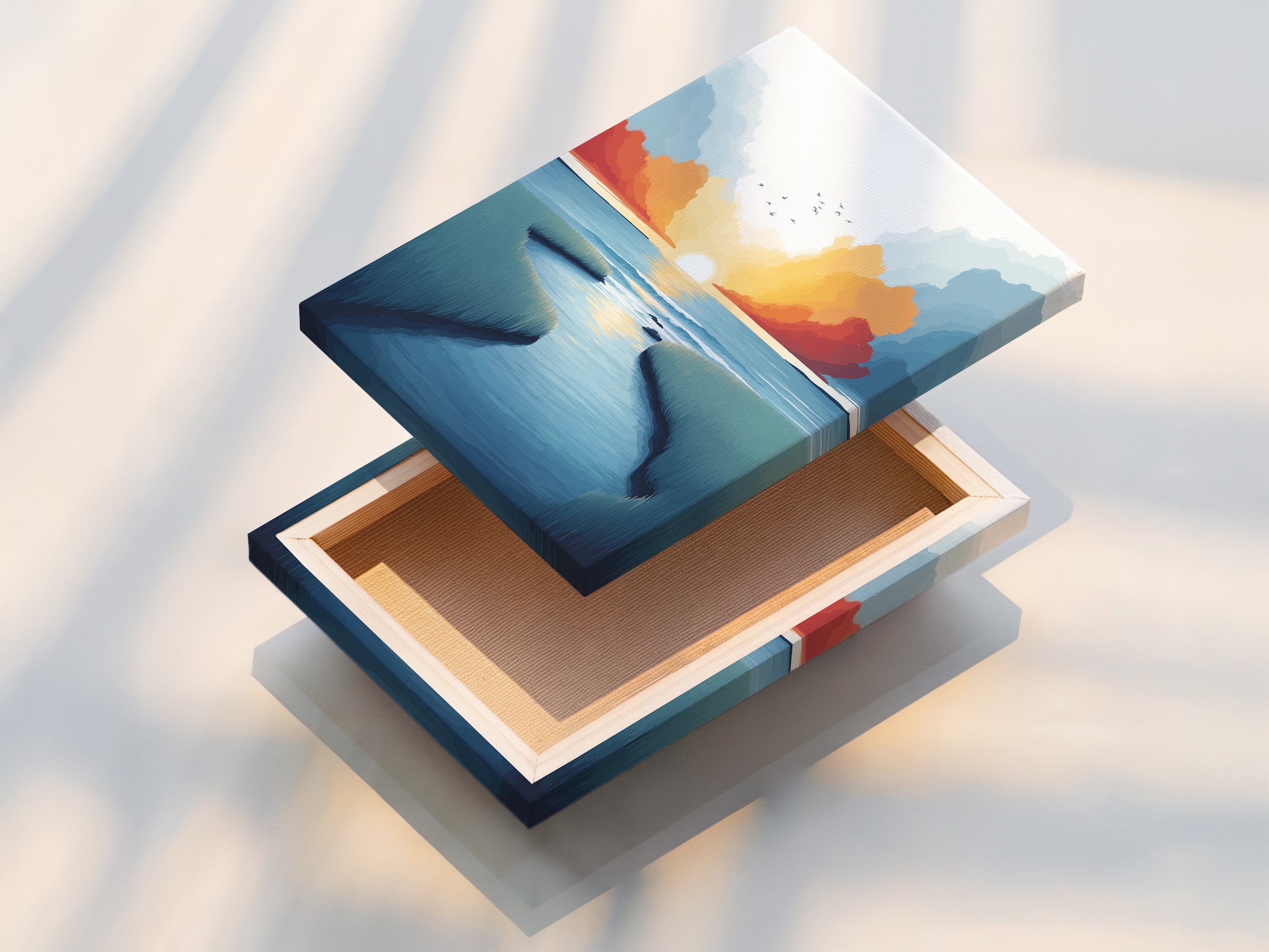 A stretched canvas print of a coastal marsh sunset seascape. The modern teal and coral artwork is ready to hang. The stretched canvas offers a clean and contemporary look. Perfect for adding a touch of ocean art to your home.