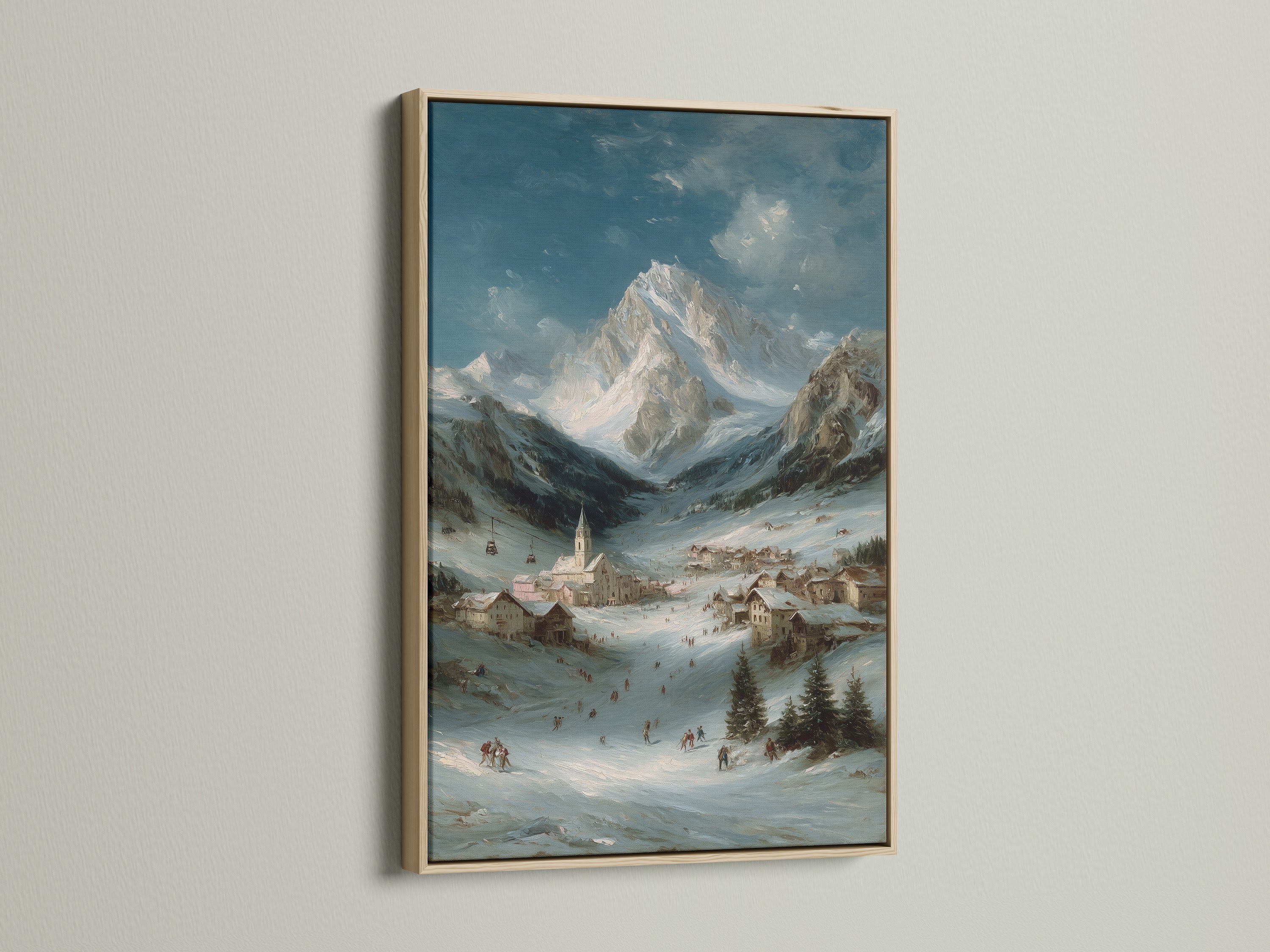 Alpine Village artwork displayed in an oak frame. The winter landscape mountain village scene is perfect for a lodge style. This snow scene print brings a touch of European charm. The artwork evokes a vintage landscape feel. It is ideal for mountain home decor.
