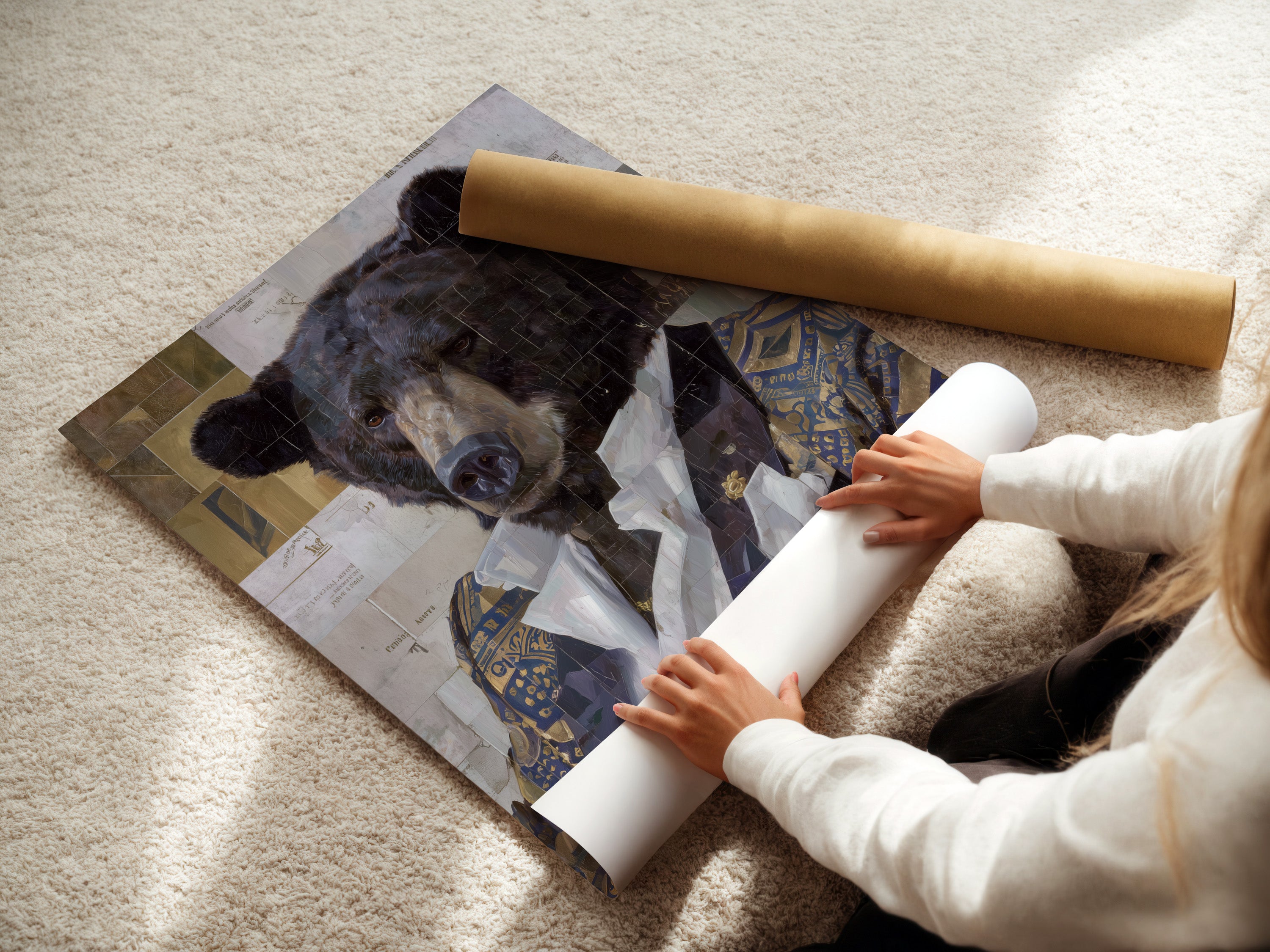A woman is carefully rolling a fine art poster paper. This action ensures the vintage collage bear portrait art remains pristine.  Ideal for homeowners renters and interior designers.  Perfect for adding a touch of elegance to study rooms libraries or offices.
