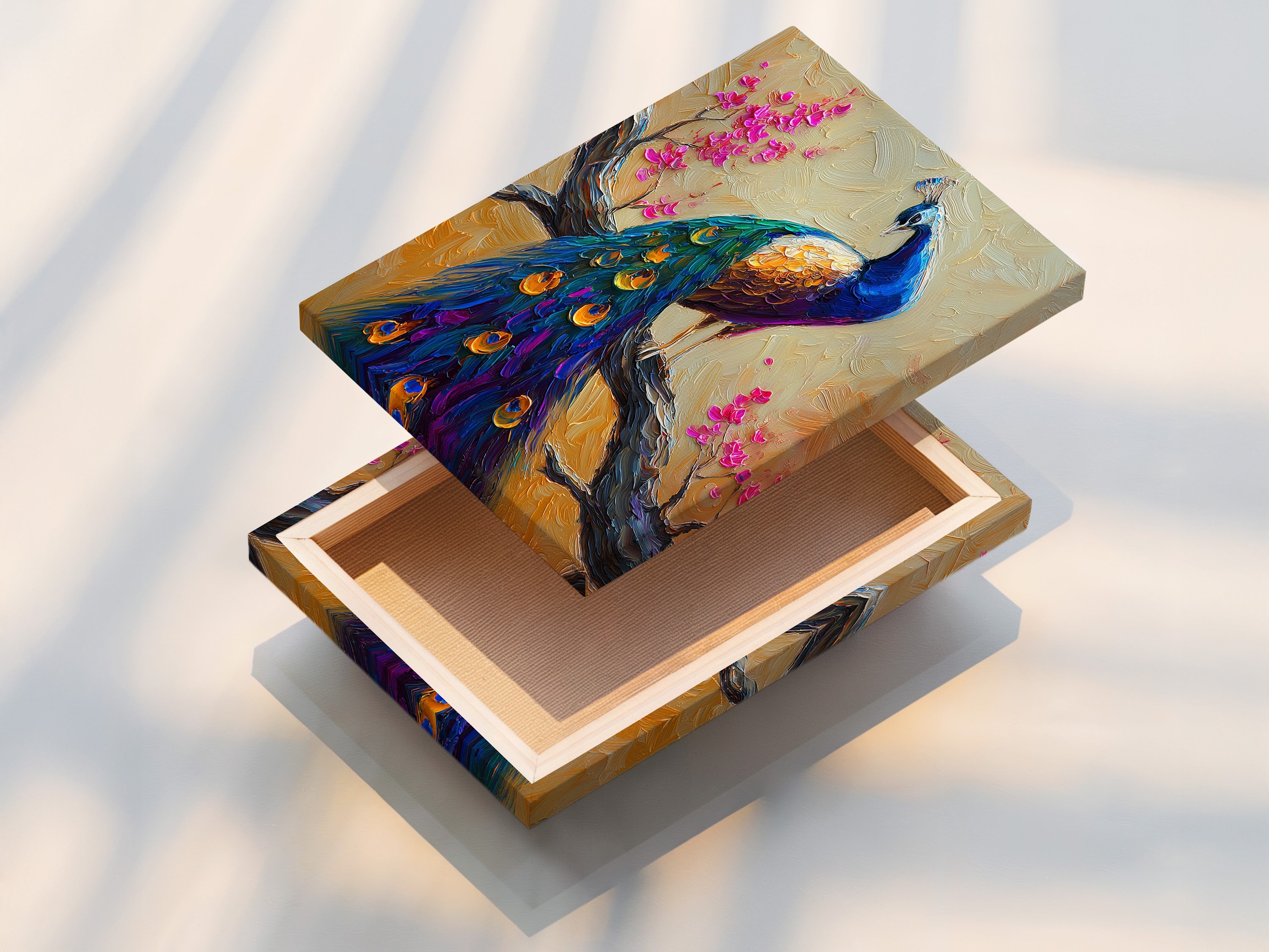 Vibrant Peacock Oil Painting - Colorful Bird Art, Floral Branch Canvas Wall Decor, Nature Inspired Home Art, Living Room Artwork